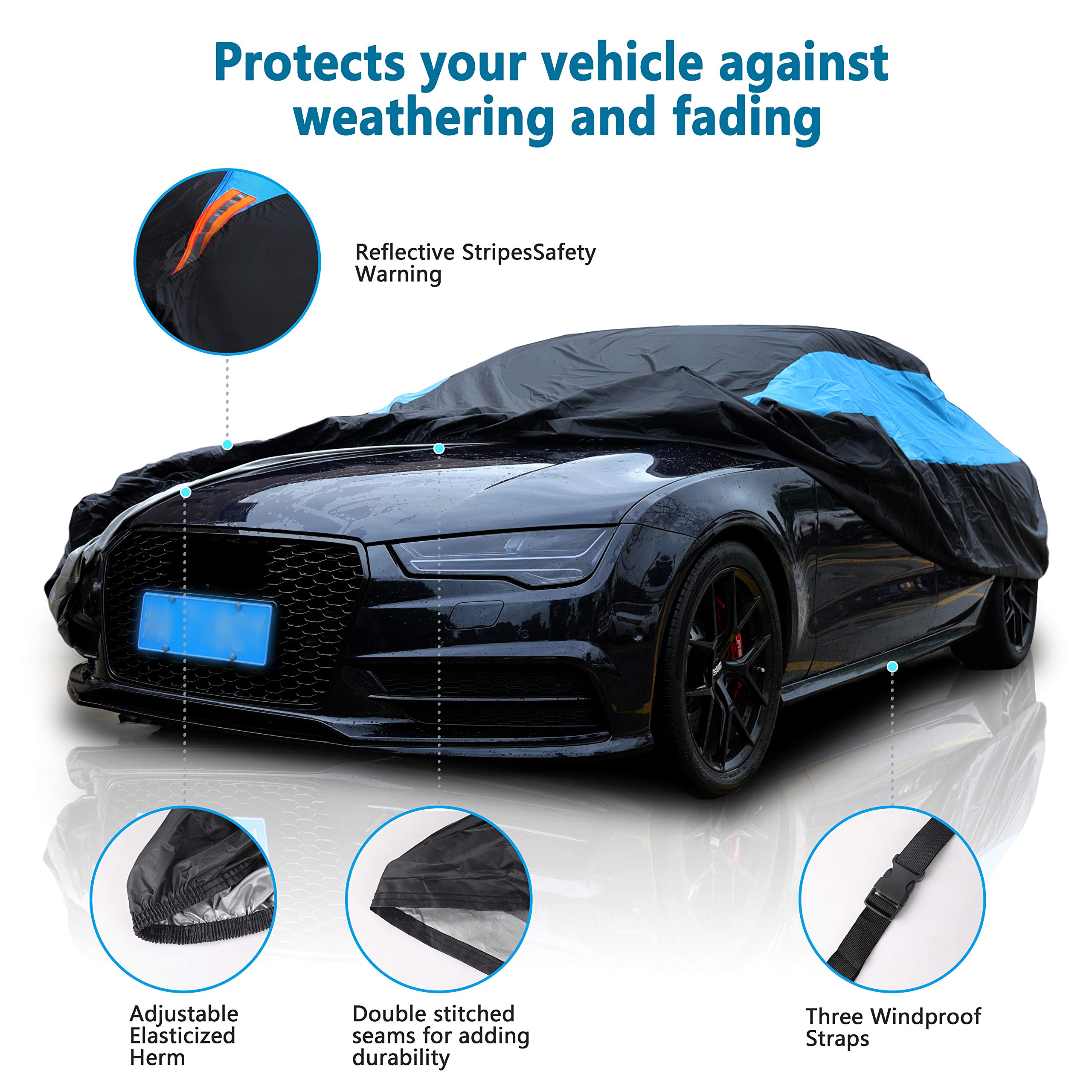 MORNYRAY Waterproof Car Cover - All Weather Protection, Universal Fit Sedan 194-206 inch, Blue, Model CY000, Durable Polyester