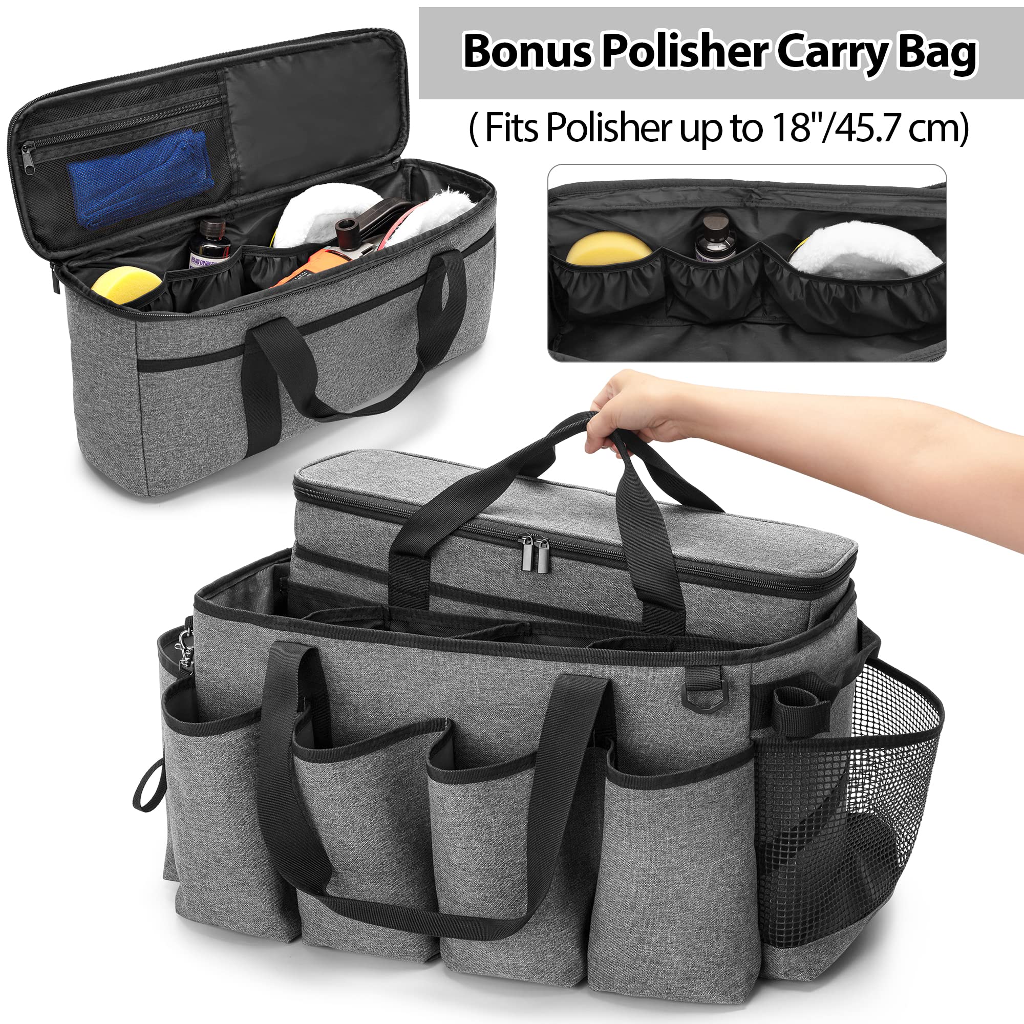 Hodrant Detailing Bag With Polisher Carry Bag, Large Detail Bag Car Care Box For Auto Detailing Supplies, Car Wash Caddy & Trunk Organizer For Buffer Bottle Towel & Cleaning Kit, Gray, Patent Design