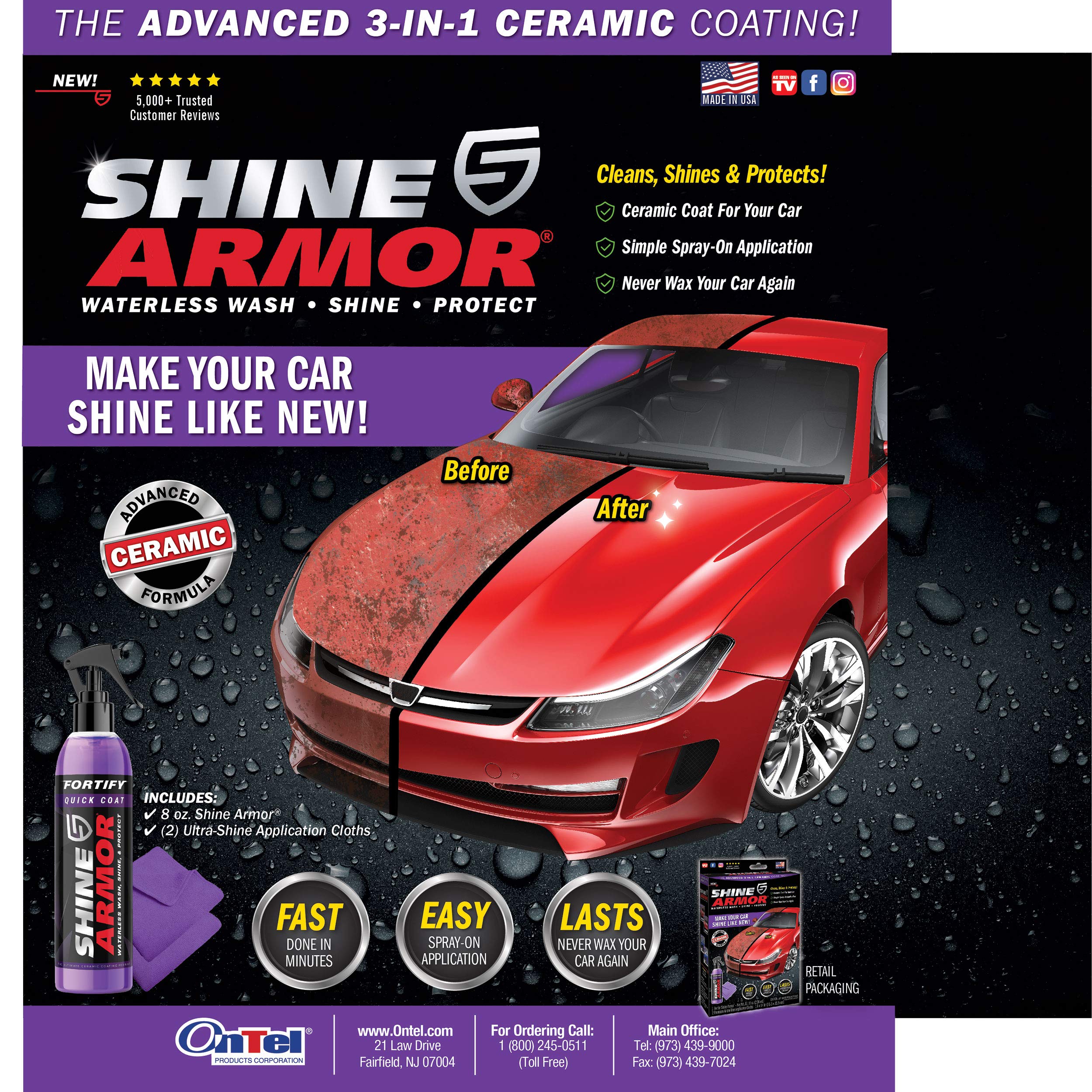 SHINE ARMOR Fortify Quick Coat Ceramic Coating Spray, 2 Piece Set, Hydrophobic Paint Sealant for Cars, Leather Seats, Tires, Bumpers