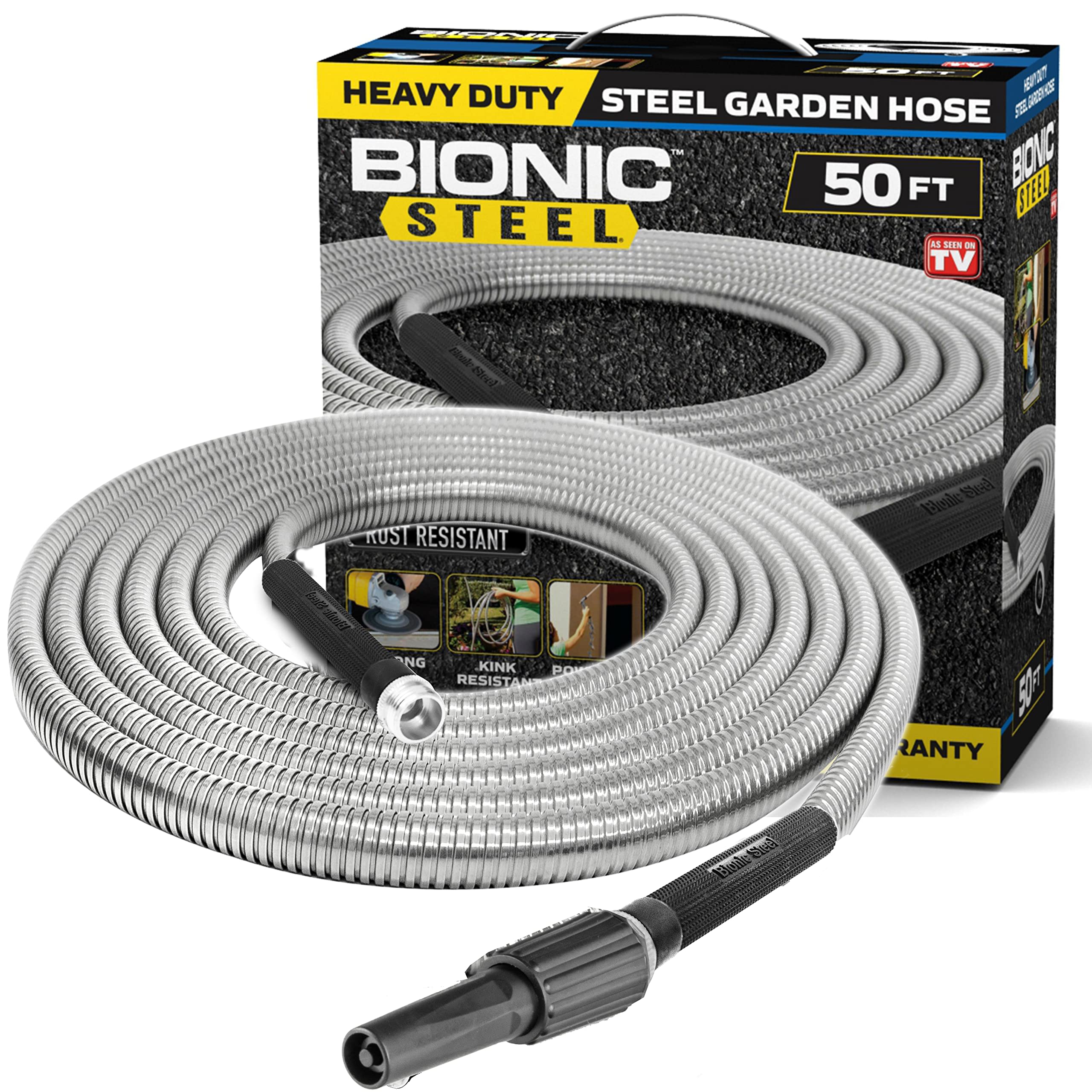Bionic Steel Metal Garden Hose 50 Ft with Nozzle, 304 Stainless Steel Water Hose, 50 Ft Garden Hose Tough & Flexible, Lightweigh