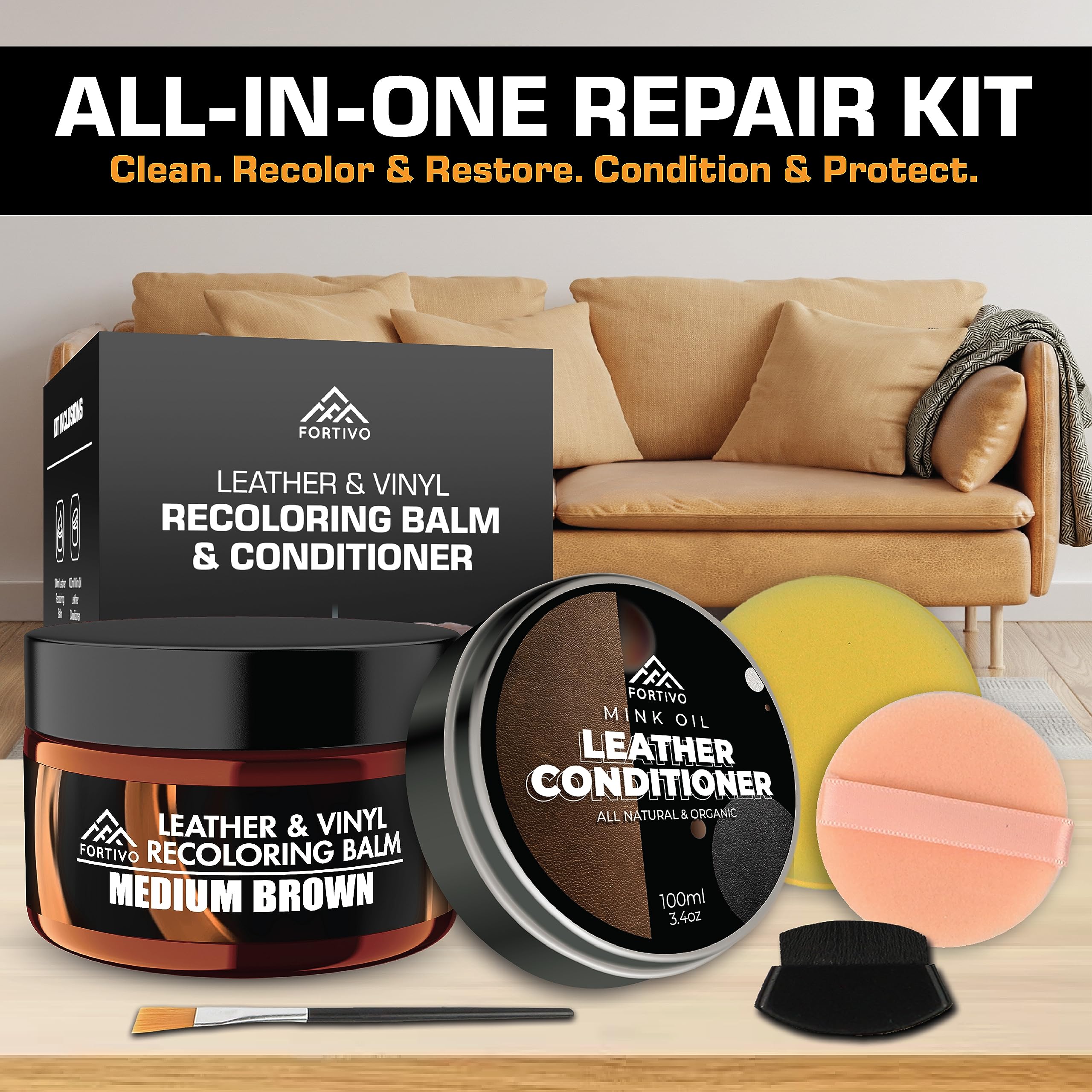 FORTIVO Leather Recoloring Balm Couch Repair Kit, Medium Brown, Model FTV-BLCK200, with Mink Oil for Furniture Restoration