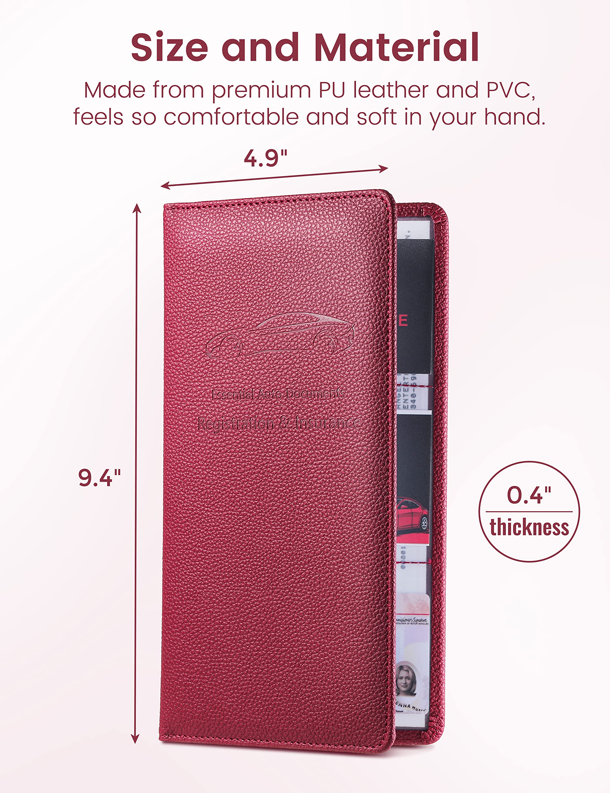 Yarnic PU Leather Car Registration & Insurance Holder - Wine Red, Magnetic Closure, Vehicle Organizer for Men & Women