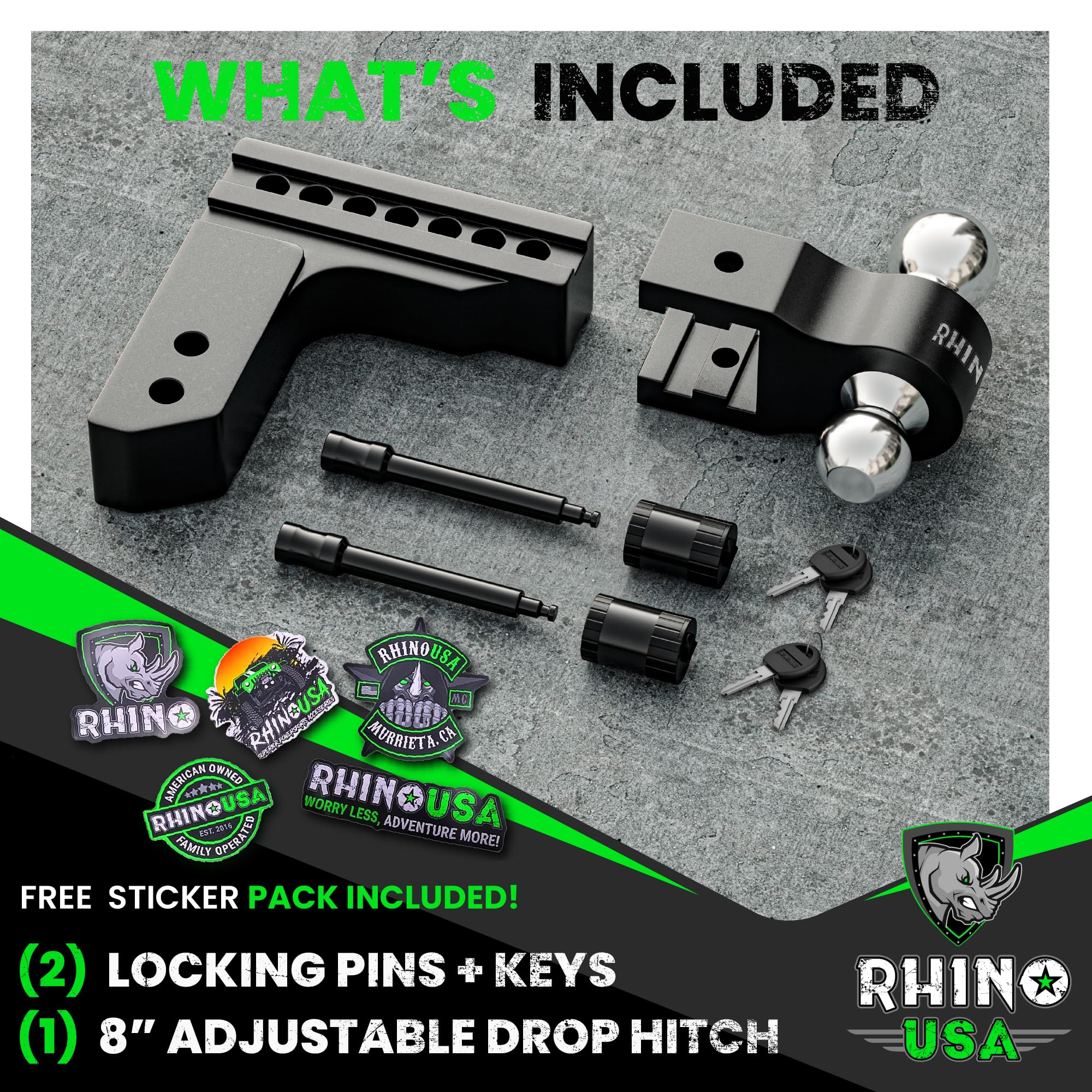 Rhino Usa Adjustable Trailer Hitch (2-Inch Receiver) - Heavy Duty Aluminum Tow Hitches With 8-Inch Drop/Rise For Truck (12,500 L