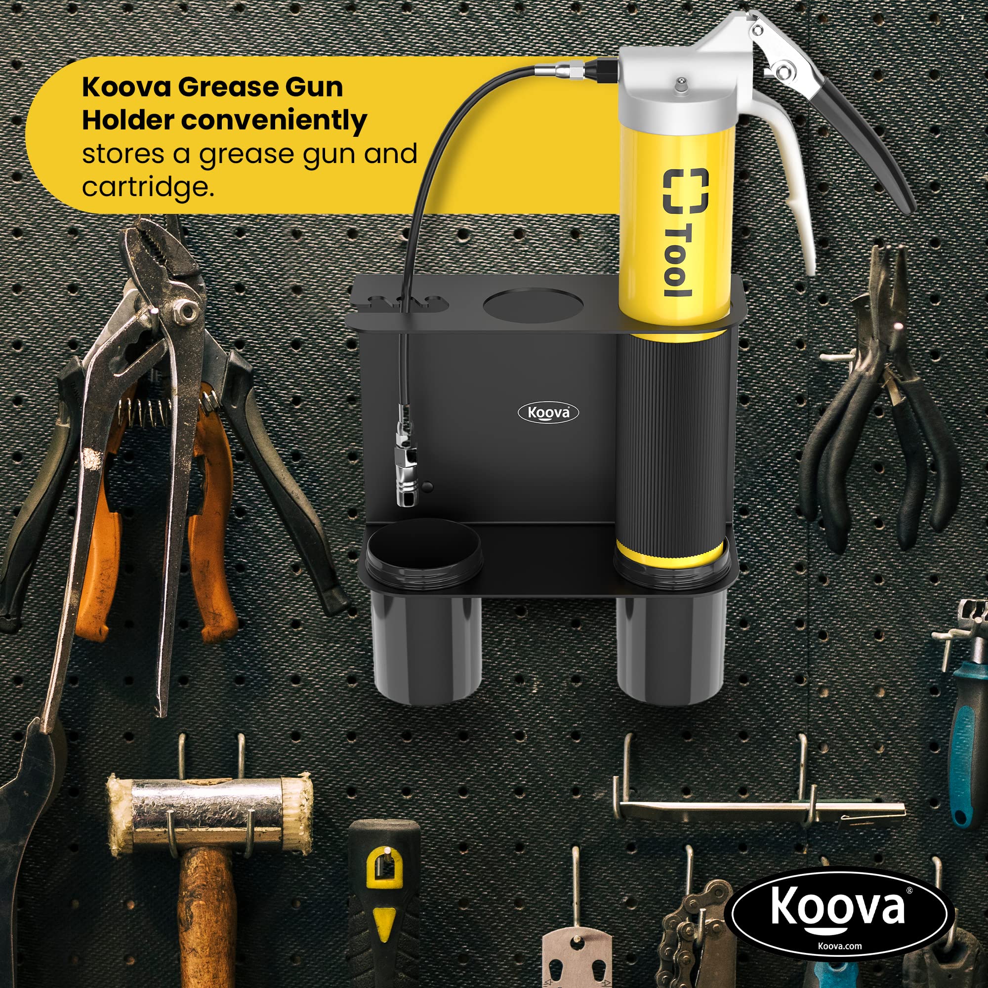 Koova Grease Gun Holder | Tractor Grease Gun Garage Organizer Wall Mount | Includes Removable Drip Cups & Spare Cartridge Holder | Truck & Tractor Accessories | Shop/Garage Wall Organizer | Usa Made
