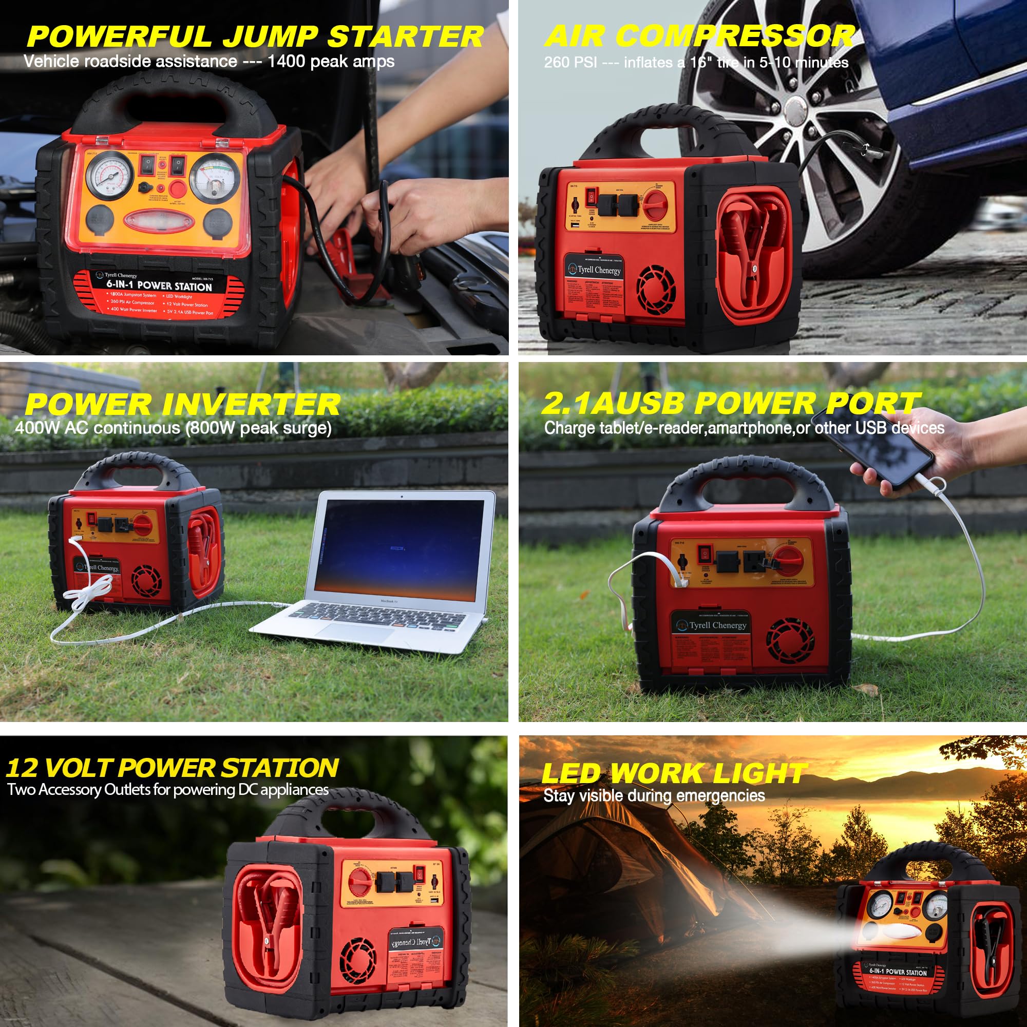 Tyrell Chenergy 1800 Amp Car Jump Starter & Air Compressor, 260 PSI Inflator, 400W Inverter, Model HH715a