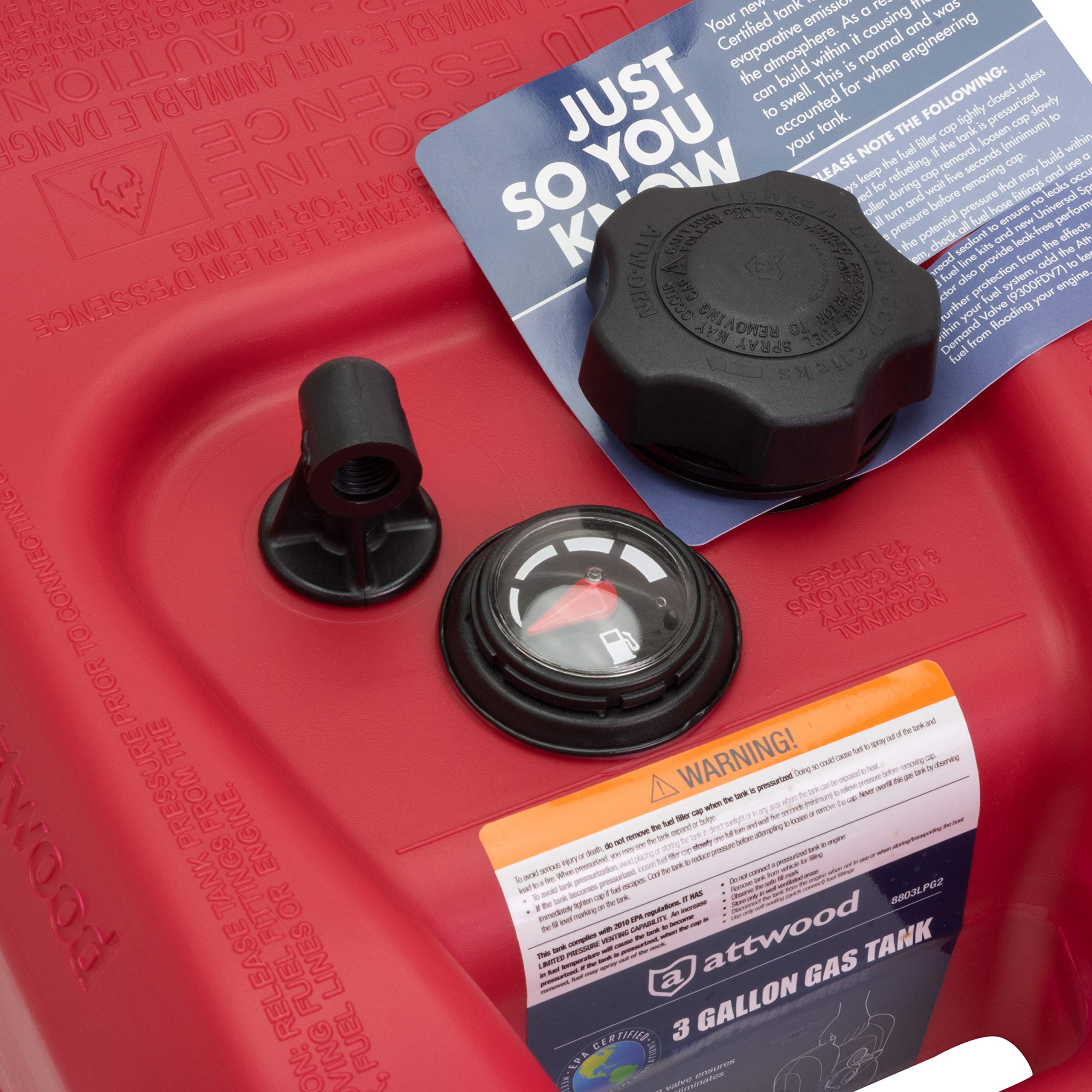Attwood Portable Boat Gas Tank, 3 Gallon, EPA & CARB Certified, Red, Model 8803LPG2S