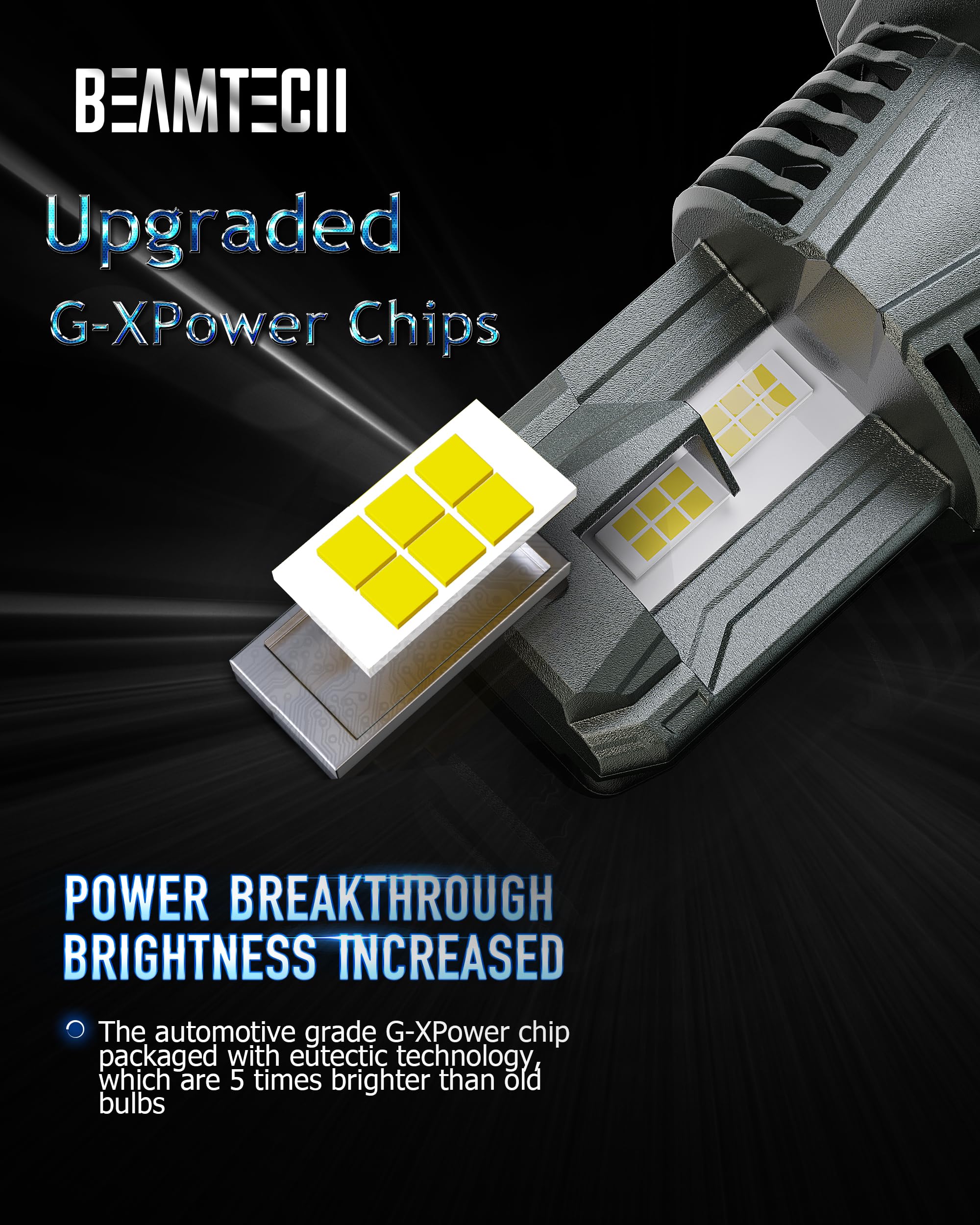 BEAMTECH H13/9008 Light Bulbs - G-XPower Chips, 6500K White, 500% Brighter, Plug and Play, 2 Bulbs