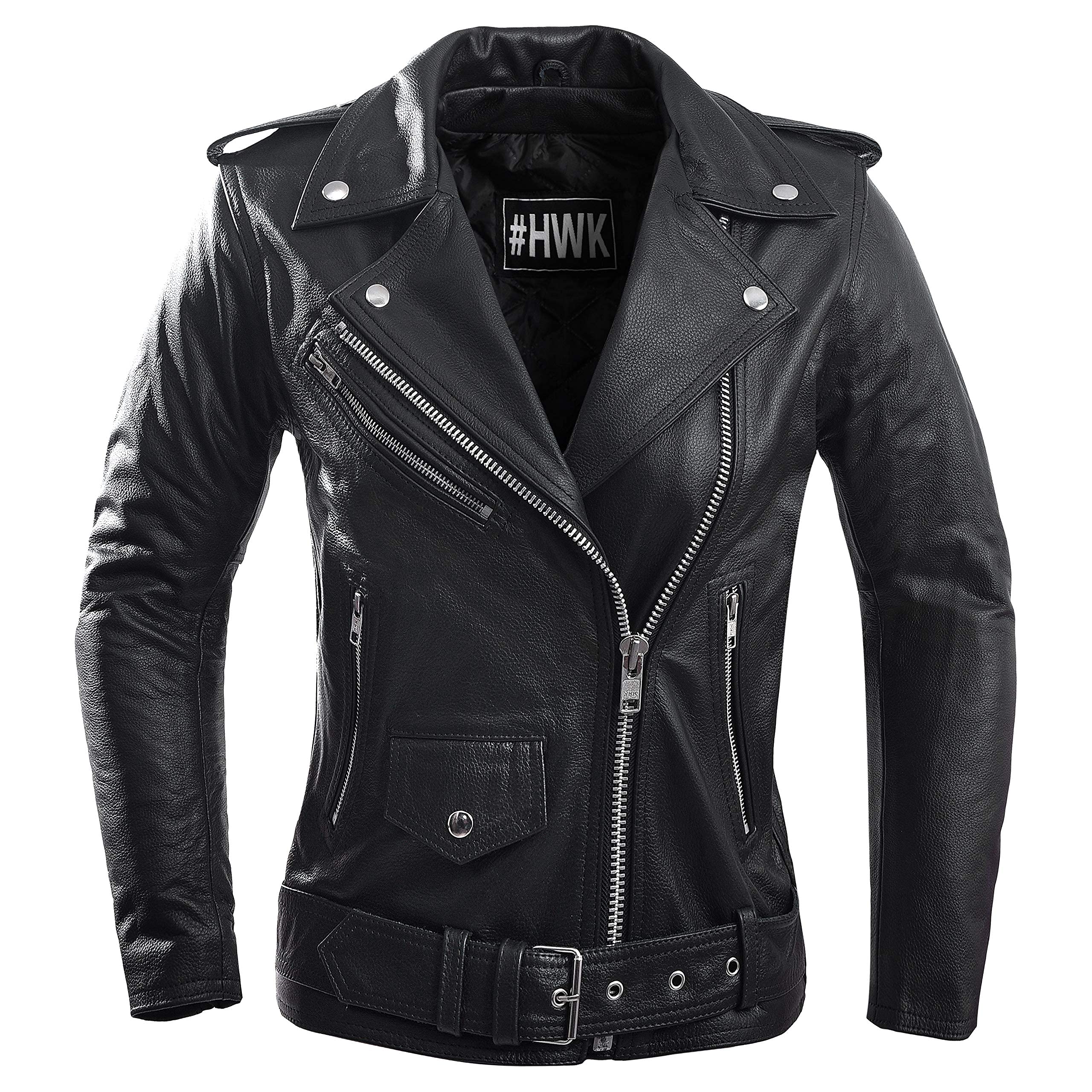 Hwk Brando Women'S Classic Black Leather Motorcycle Jacket With Polyester Thermal Lining & Vintage Style For All-Season Riding -