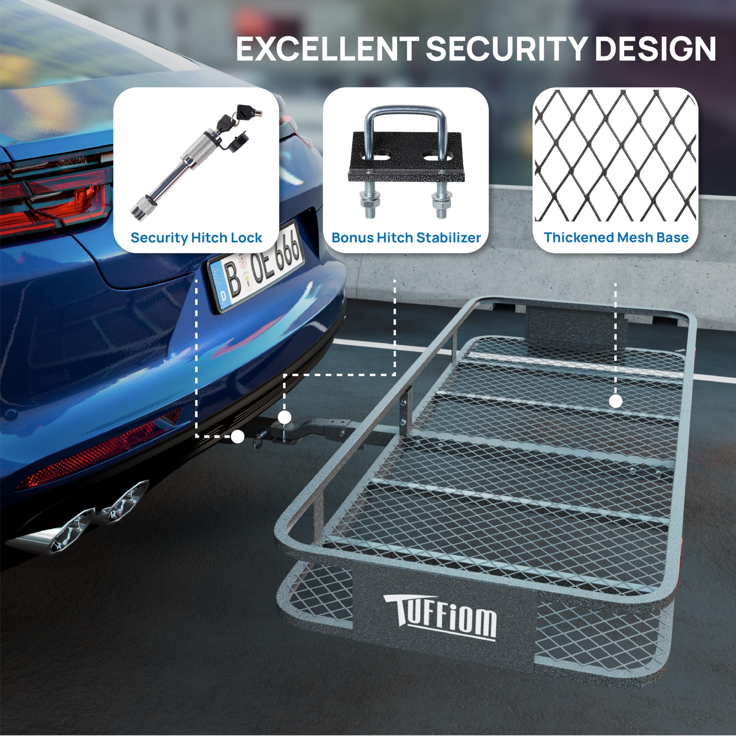 Tuffiom 60''X24''X6'' Folding Hitch Mount Cargo Carrier Basket, 500Lbs Steel Car Cargo Trailer Hitch Luggage Rack, W/Hitch Lock+
