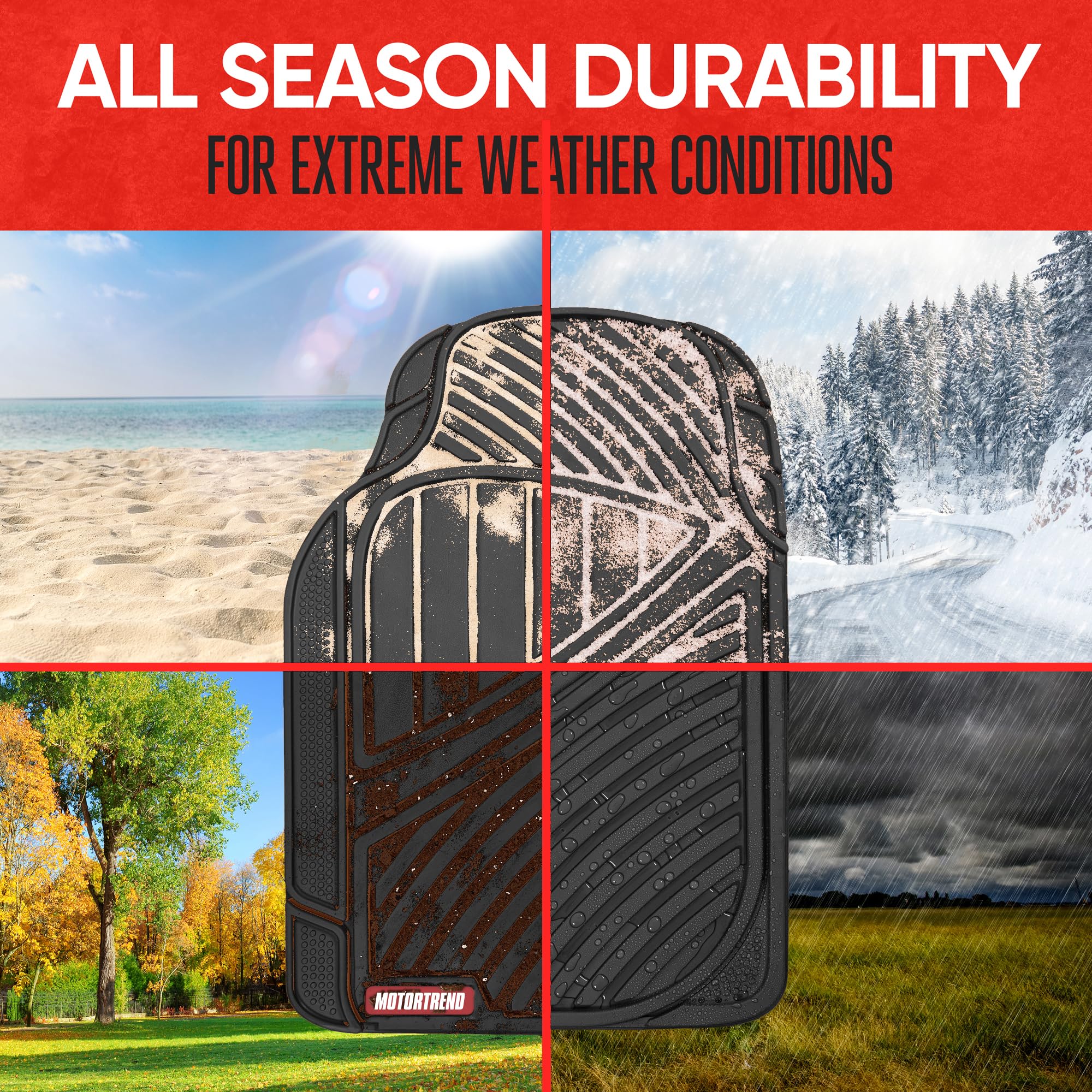 Motor Trend FlexTough Performance All Weather Rubber Car Floor Mats - 3 Piece Floor Mats Automotive Liners for Cars Truck SUV, H
