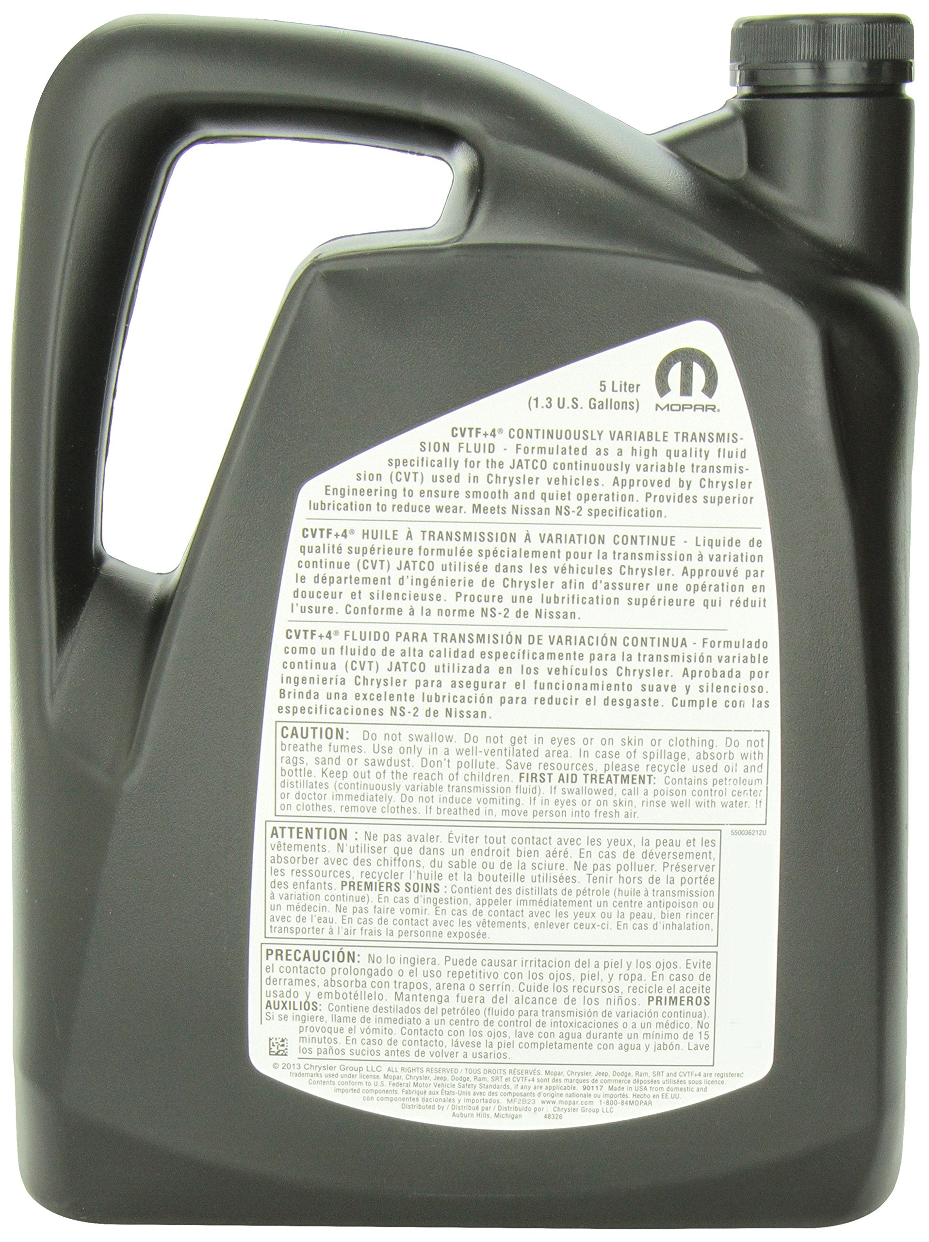 Chrysler CVTF+4 Transmission Fluid - 1.3 Gallon (5 Liter) - Black - Model 5191185AA