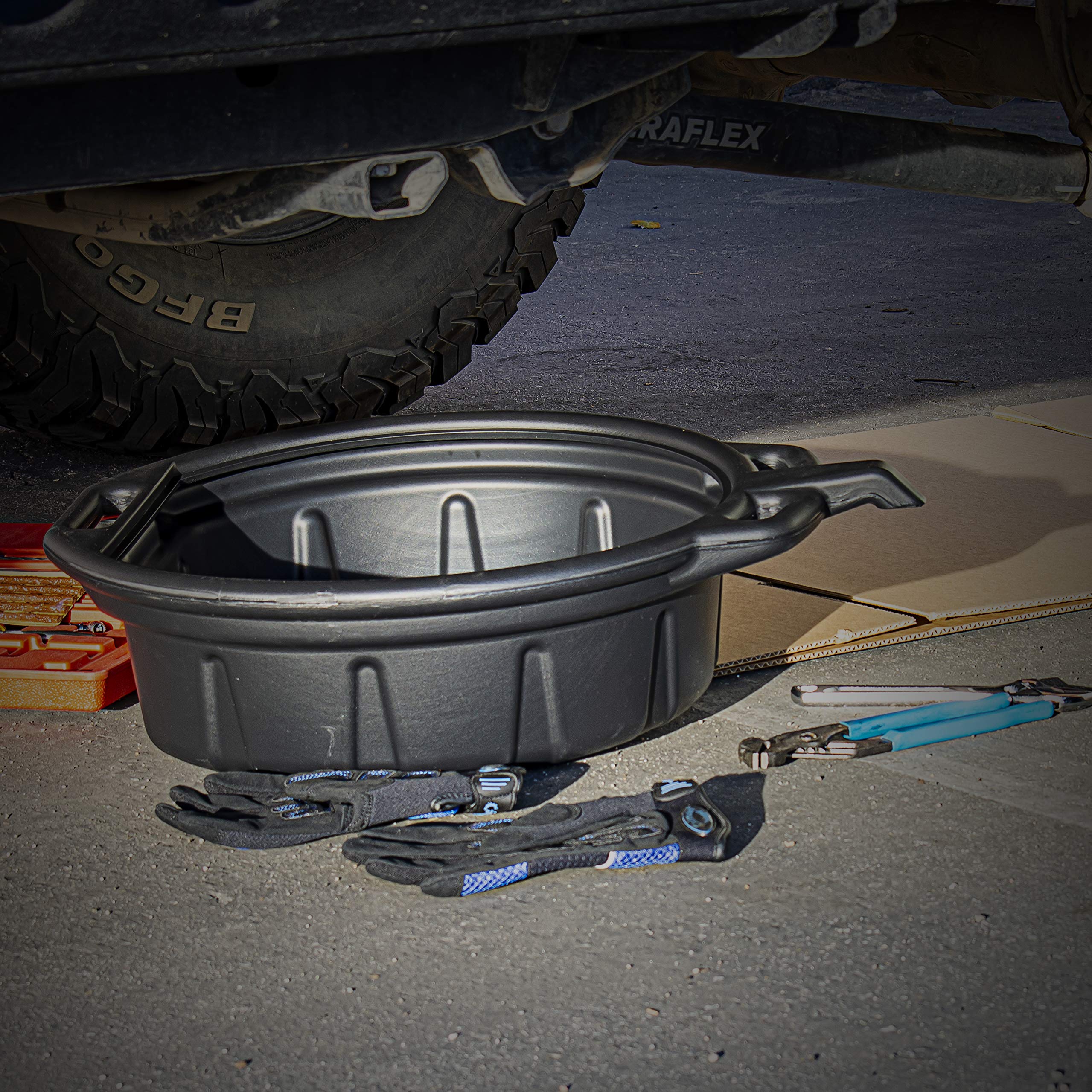 Neiko 20762A Oil Drain Pan  Black Plastic Anti Splash  Motor Oil Drip Catcher Pan  2 Gallon (8L) Capacity