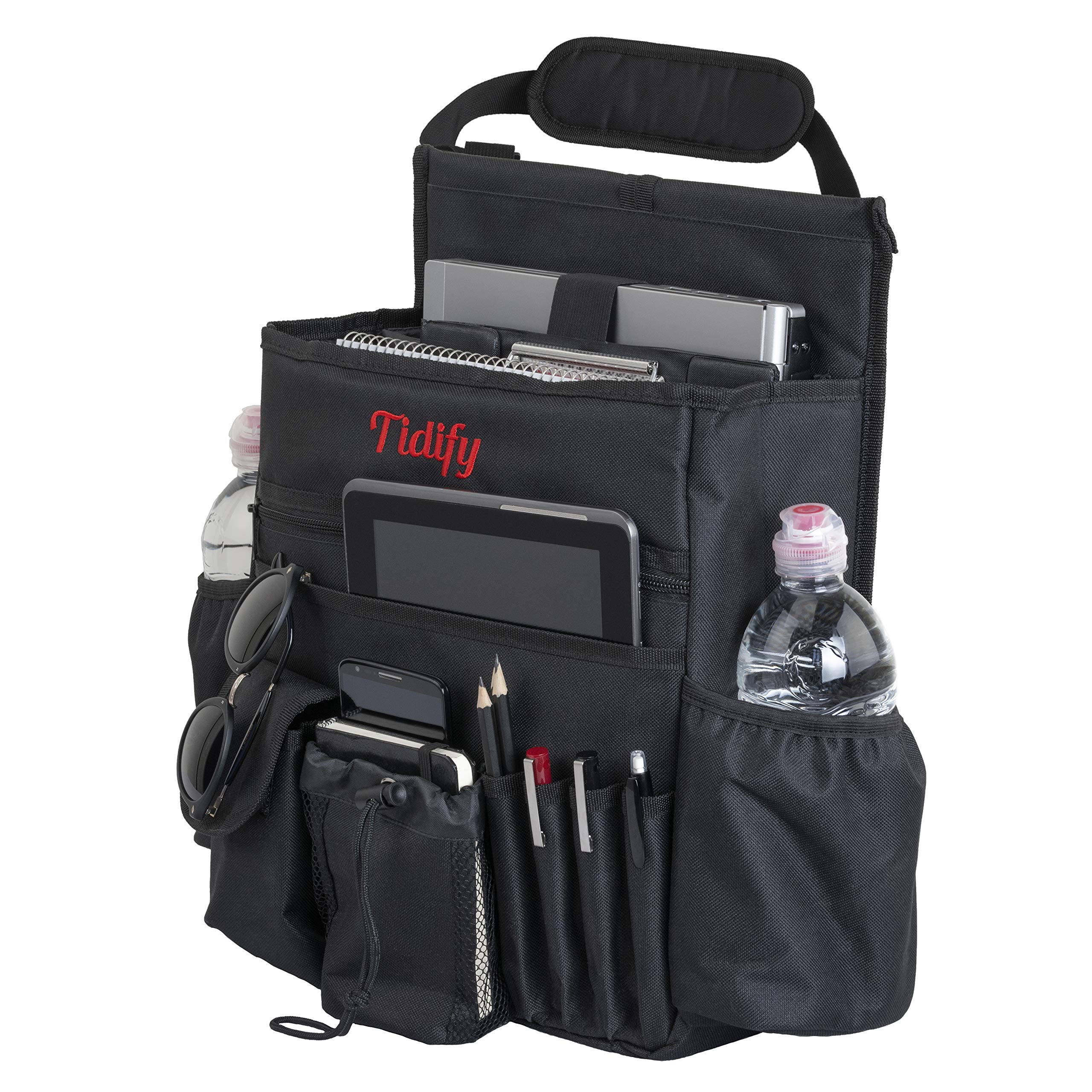 Tidify Back Seat Car Organizer - Black Oxford Fabric with Tablet Storage, Adjustable Straps & Buckles, Model: Tidify