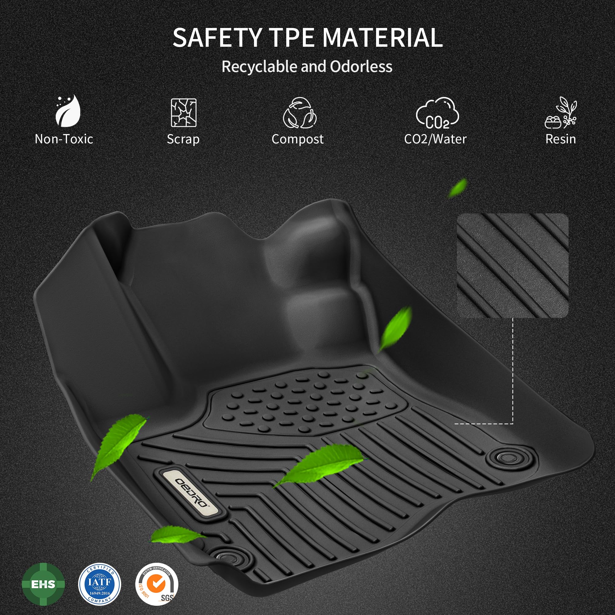 oEdRo Floor Mats for 2016-2024 Chevrolet Camaro, Black TPE All-Weather Liners, 1st & 2nd Row, 27x20x6 inches