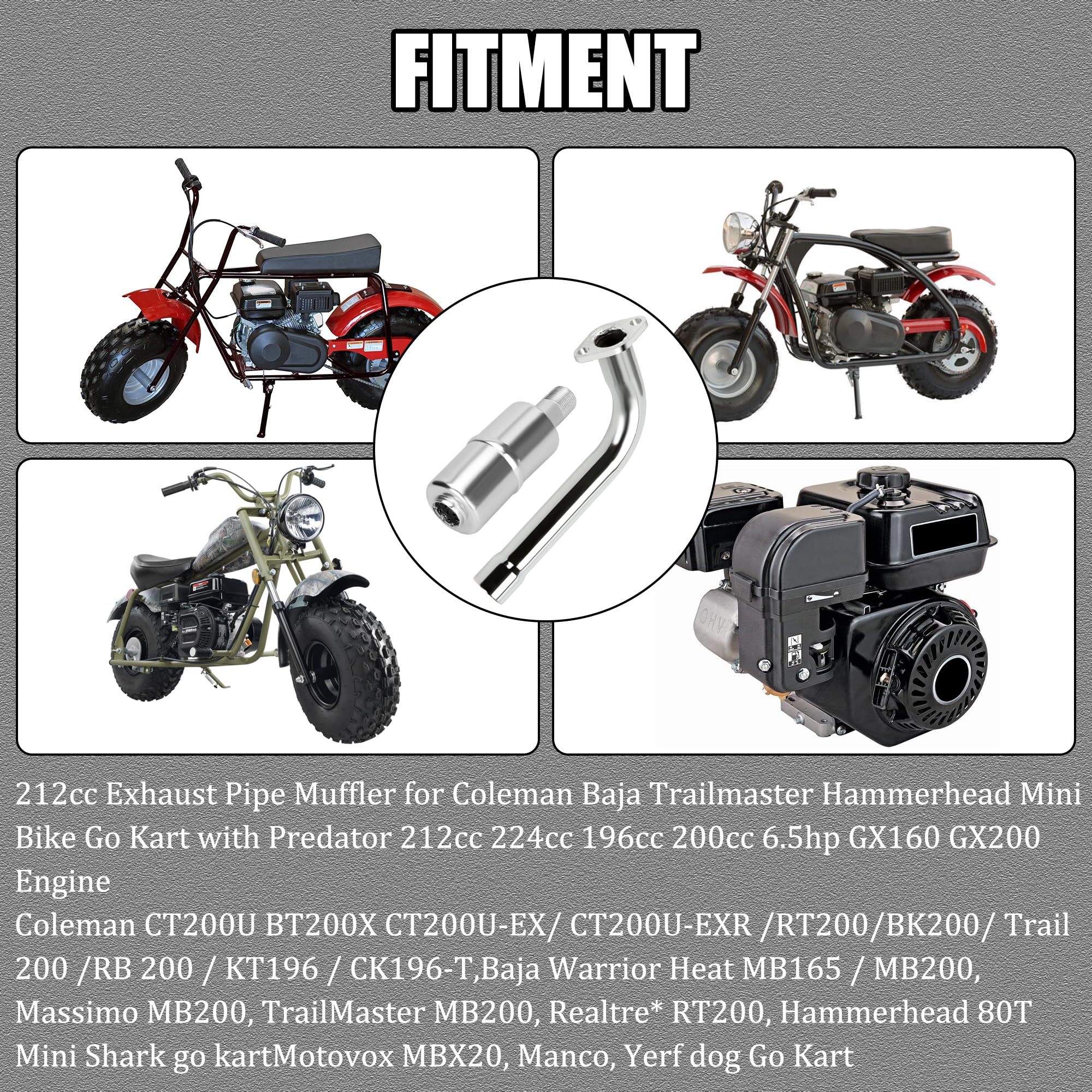 YOXUFA Mini Bike Exhaust Pipe Muffler Kit for Predator 212/224cc, Metal, Silver, Model YO-EXH05-CT200, Includes Heat Shield Tape