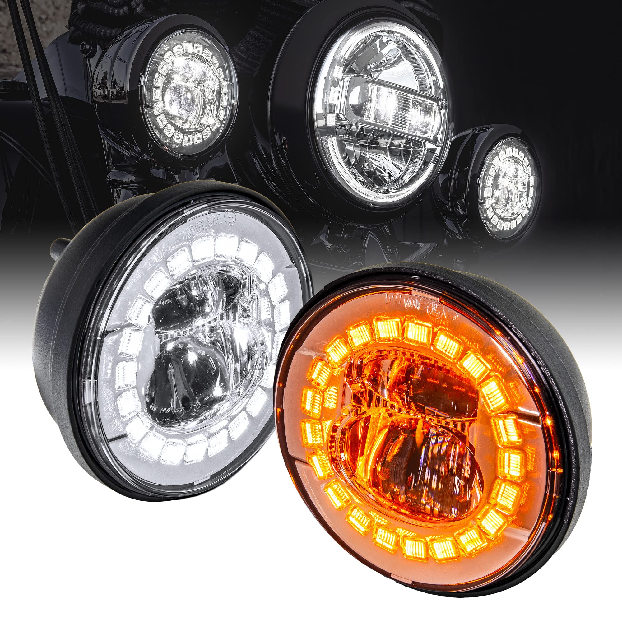 True Mods 2Pc Chrome 4.5'' Led Passing Fog Lights For Harley Davidson Motorcycles [White Halo Drl & Amber Turn Signals] [Advance