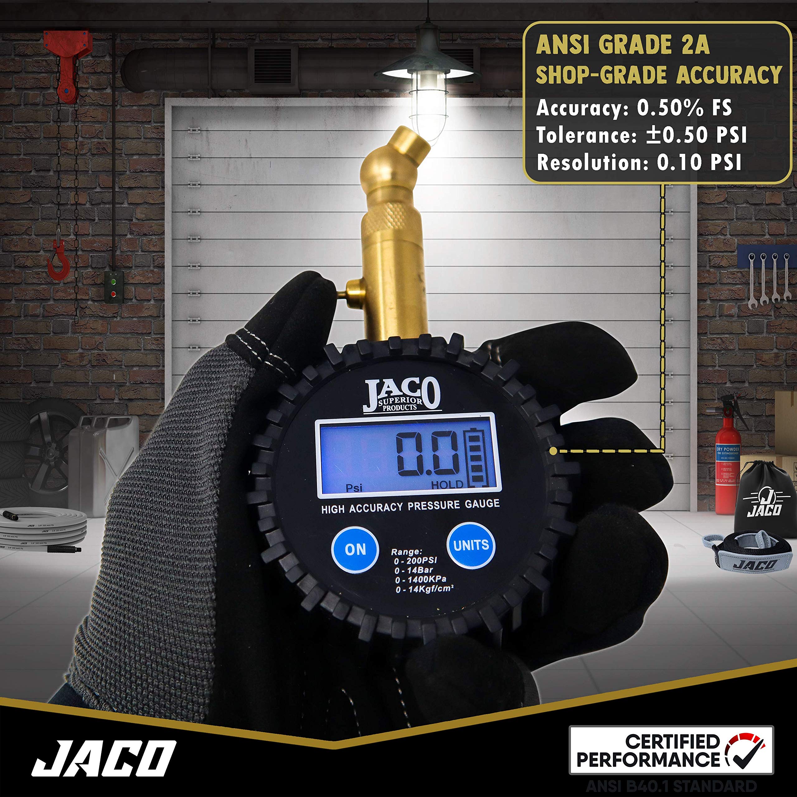 JACO Elite Digital Tire Pressure Gauge - 100 PSI Accuracy - Model JSP-036 - Brass Material