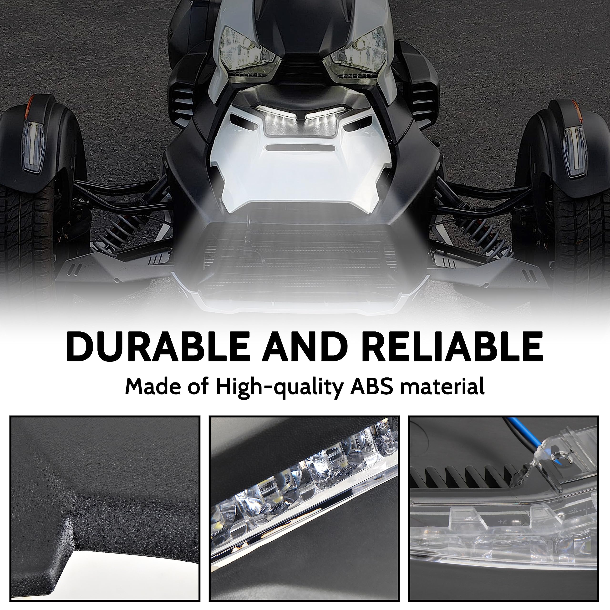 SAUTVS LED Auxiliary Light DRL Kit for Can-Am Ryker, Black Hood Panel, Model ZP-YJ-030602-014, Durable ABS Material