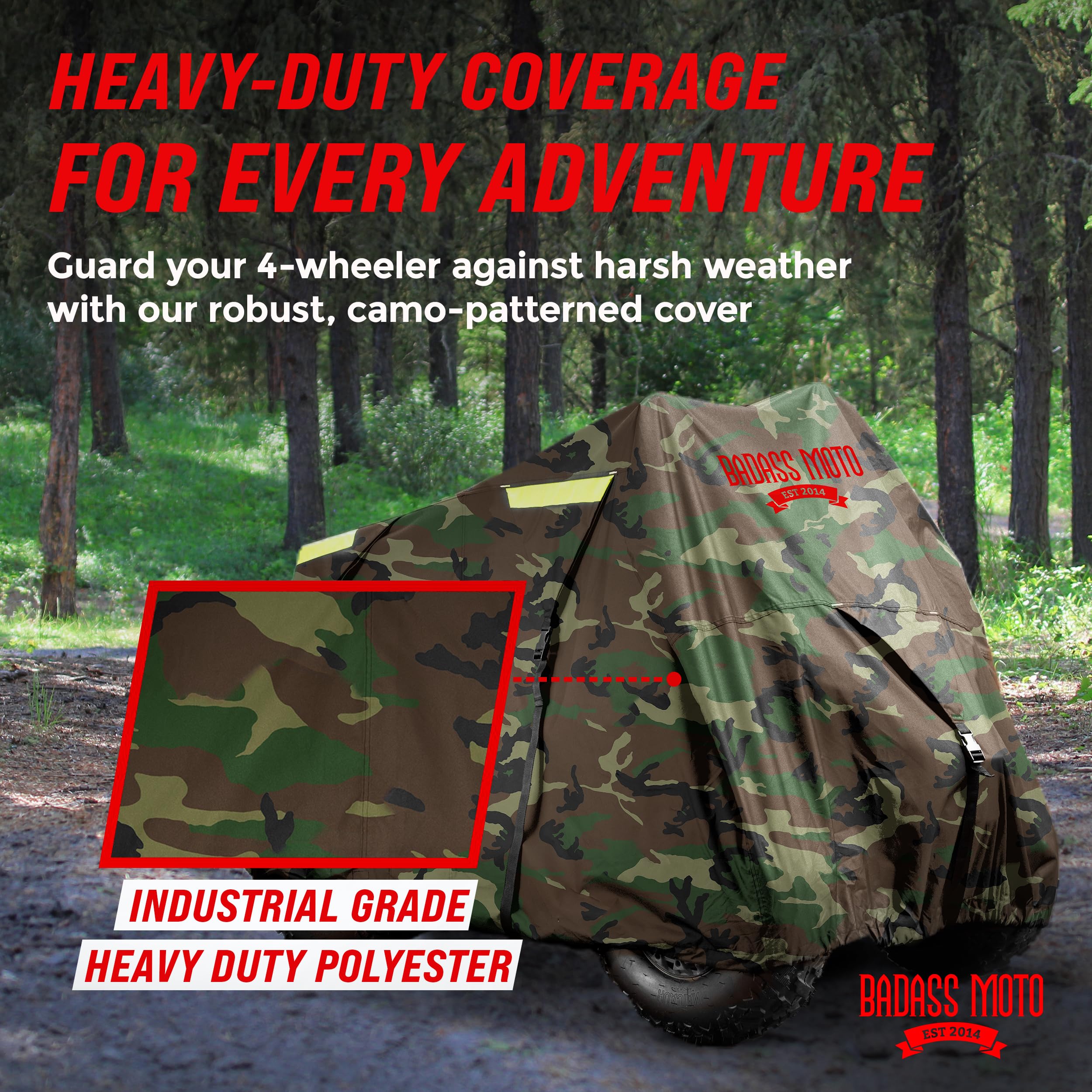 Badass Moto Camo 4 Wheeler Cover - ATV Cover Four Wheeler. Heavy-Duty, Triple-Waterproof Rip-Resistant, Night-Reflective Quad Co