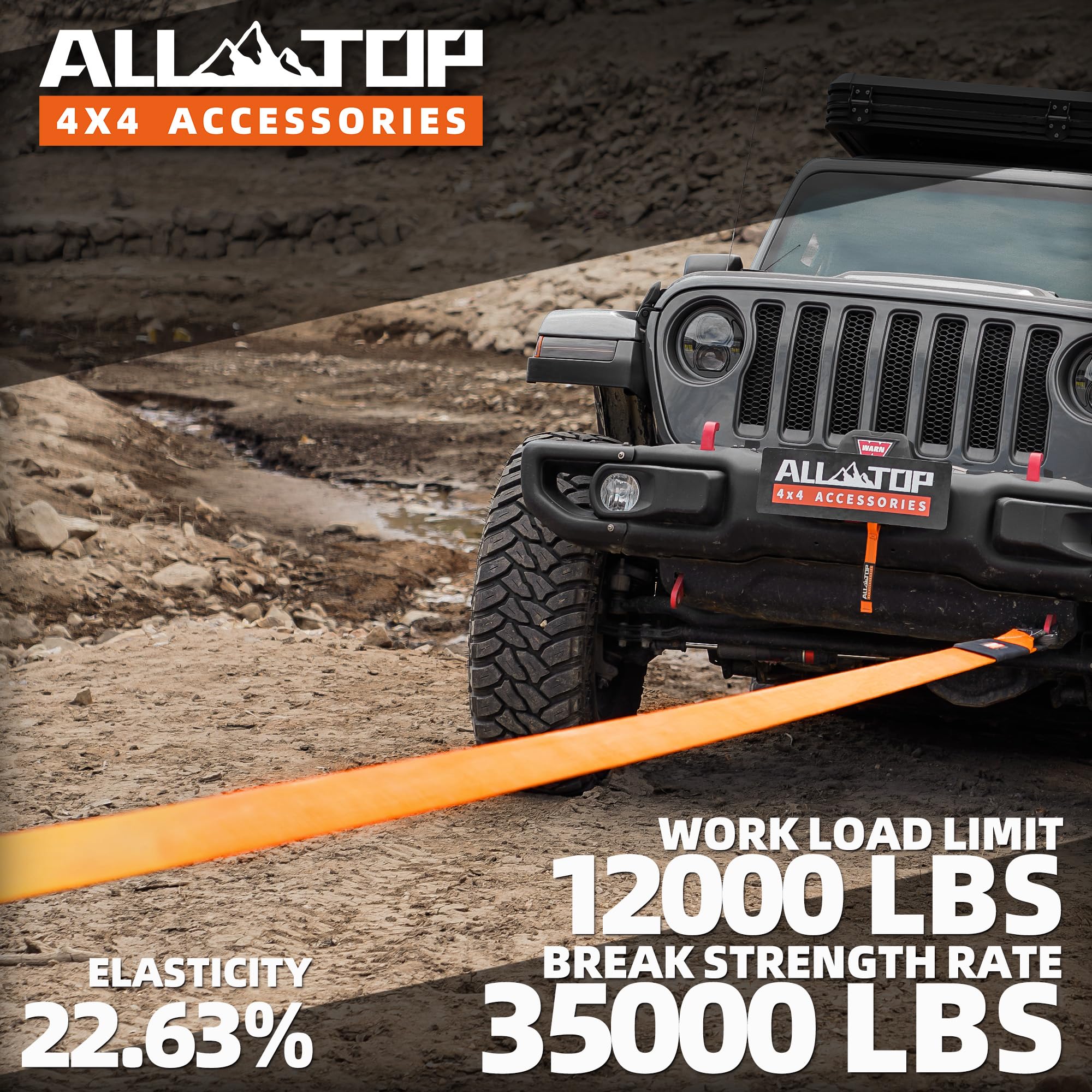 All-Top Recovery Snatch Strap, 3In X 20Ft - 35000Lbs, Heavy Duty 100% Nylon Kinetic Towing Recovery Strap With 22% Elongation &