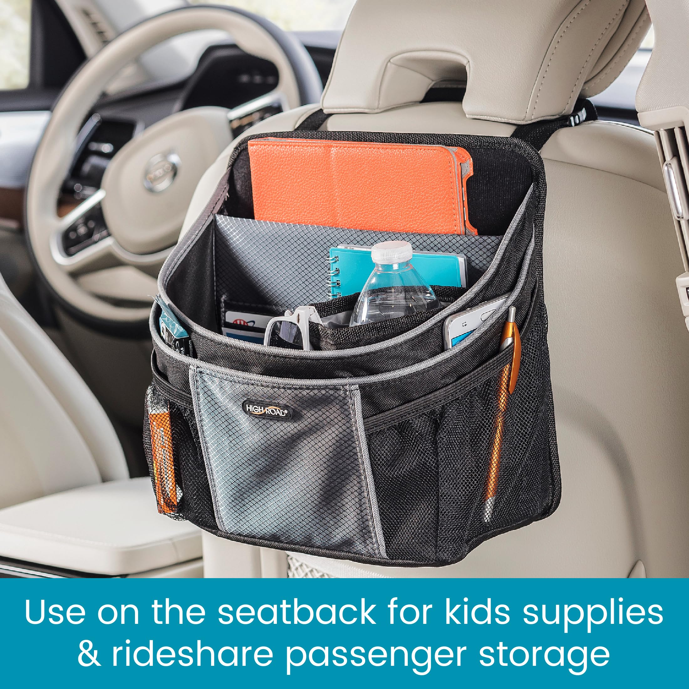 High Road DriverStash Car Front Seat Organizer - Insulated Cup Holder, Padded Tablet Compartment, Black, Model HR-5584-BLK