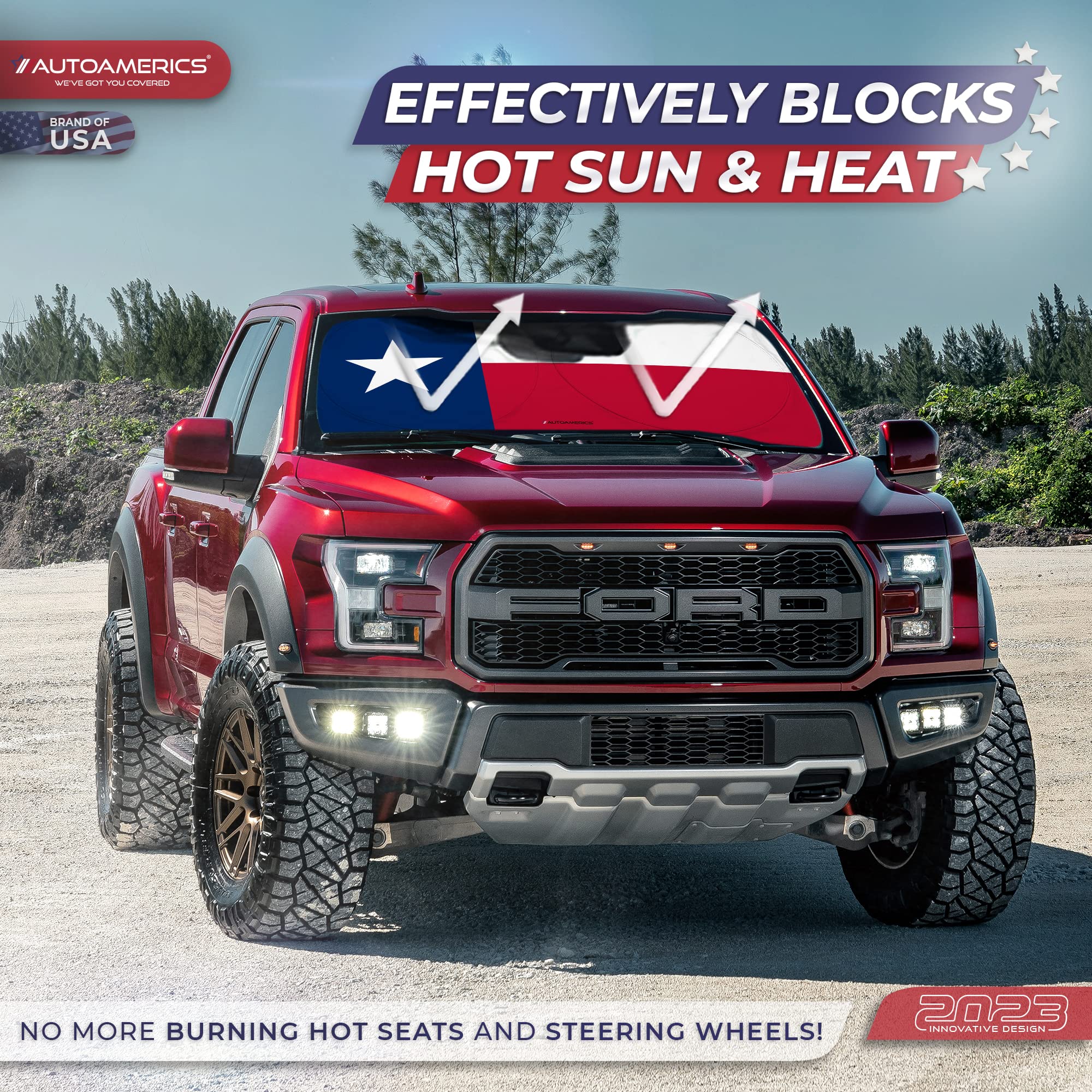 Autoamerics Truck Windshield Sun Shade With Storage Pouch & Anti-Slip Dash Pad - Foldable Usa Texas Flag Design - Fits Most Suvs