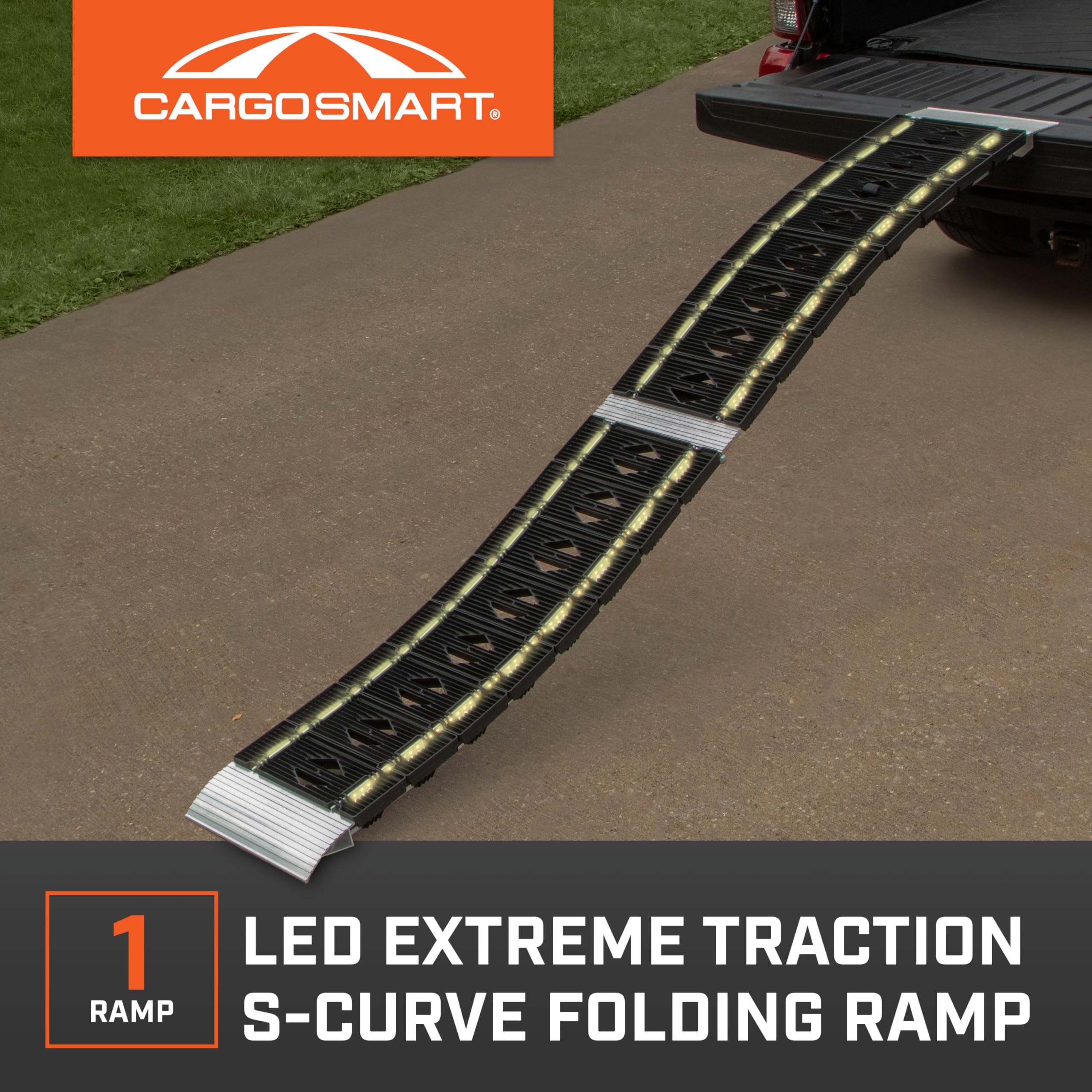 CARGOSMART LED Hybrid S-Curve Loading Ramp, 1,500lb Capacity, 12" W x 90" L, Aluminum with LED Lights, 1 Pack - Black