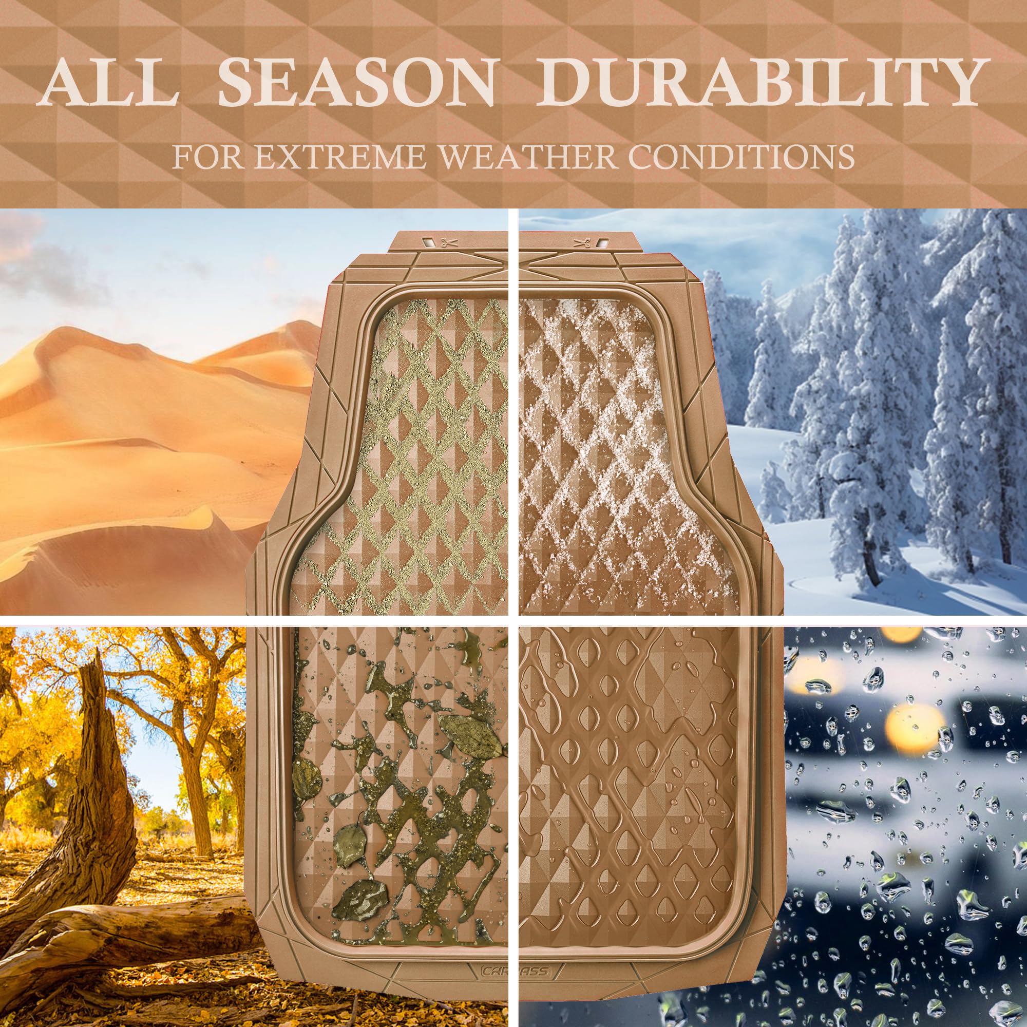 Car Pass Heavy Duty Rubber Beige Car Floor Mats & Cargo Liners, Deep Dish All-Weather Trunk Mats Durable Anti-Slip 3D Rhombus Wa
