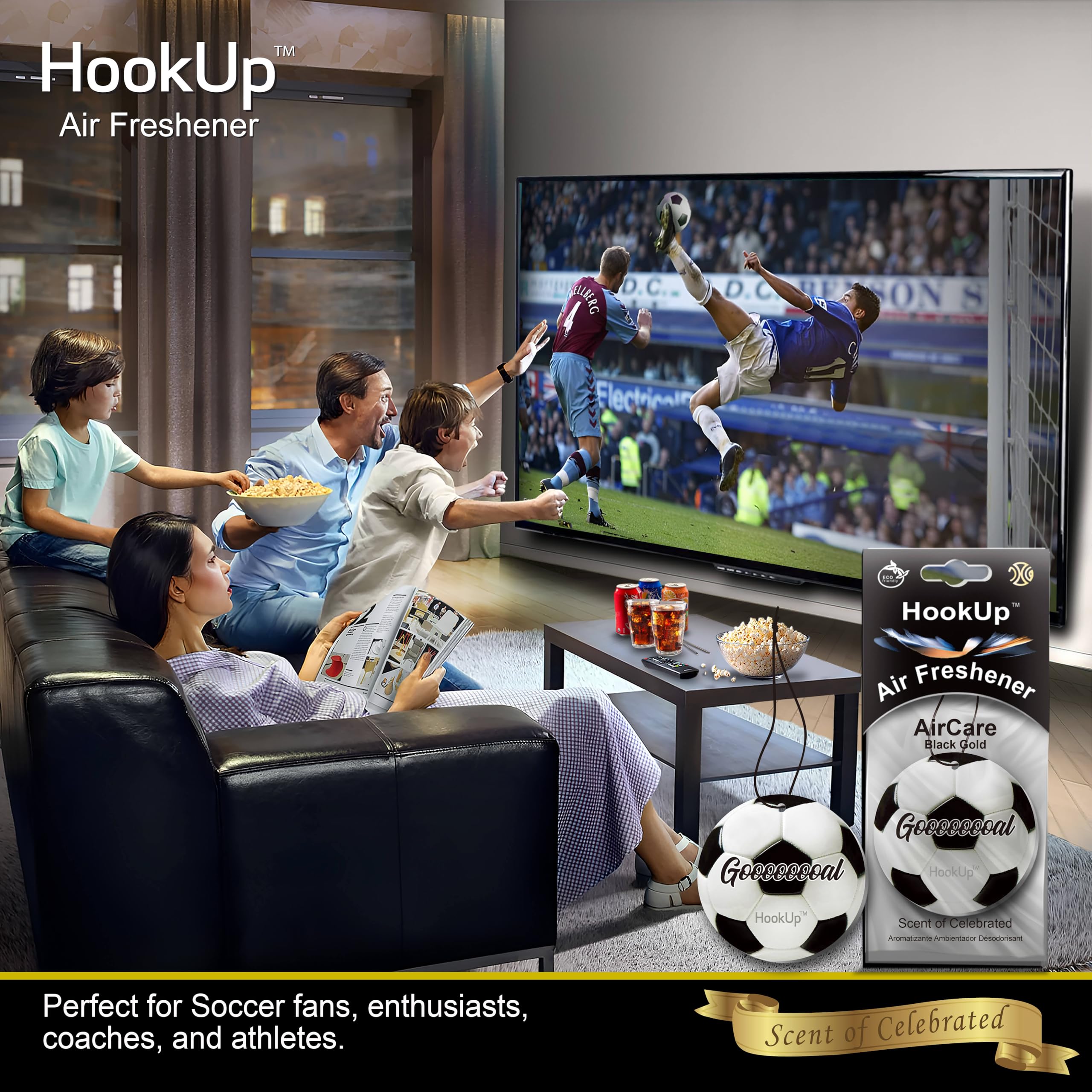 HookUp Soccer Air Freshener - 4 Pack - Extra Strong Black Gold Scent - Unique Gift for Players, Coaches, and Fans