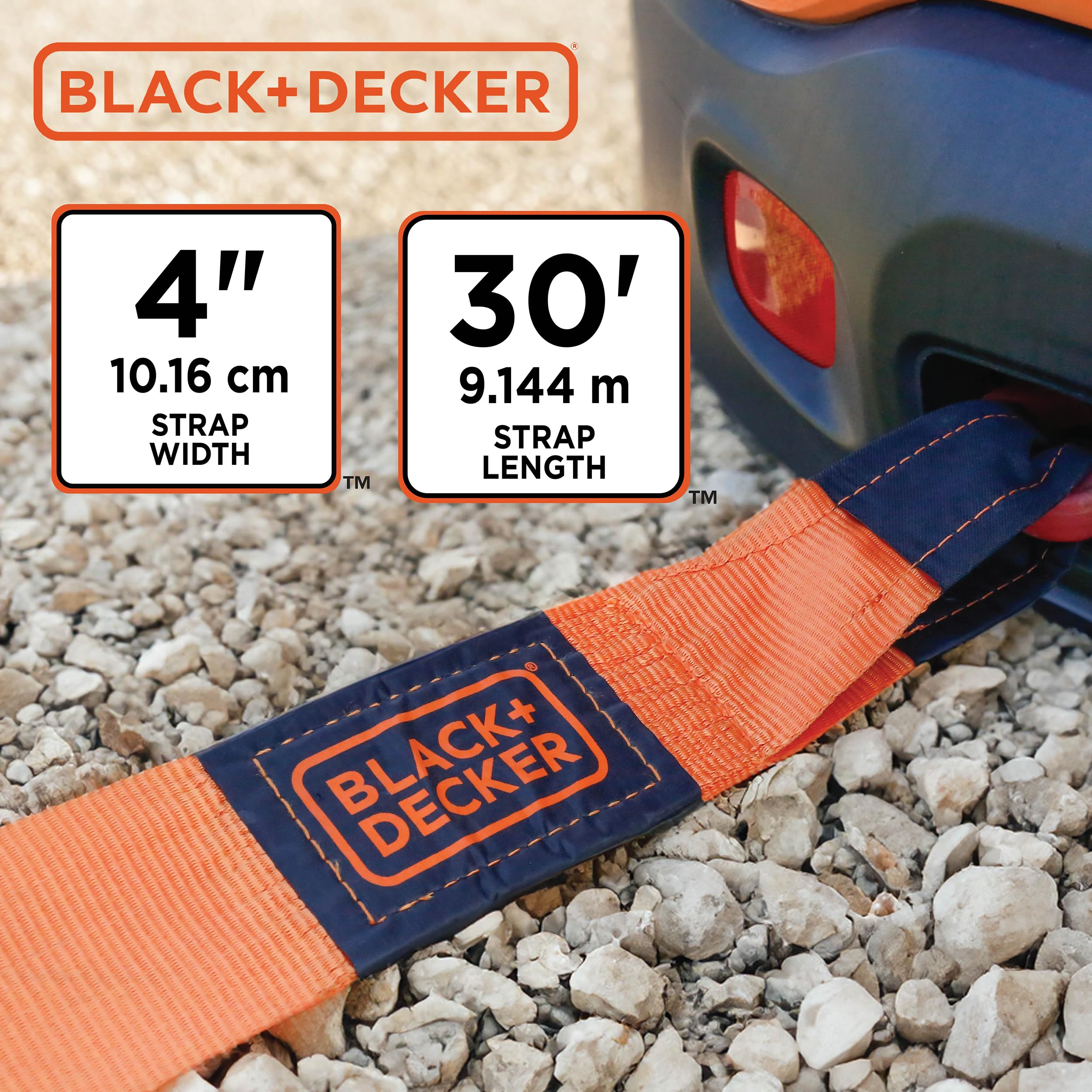 BLACK+DECKER BD1003 Black/Orange 4'' x 30' Recovery Strap - Heavy-Duty (20,000 lb Break Strength) for Emergency Off-Road 4x4 Tow