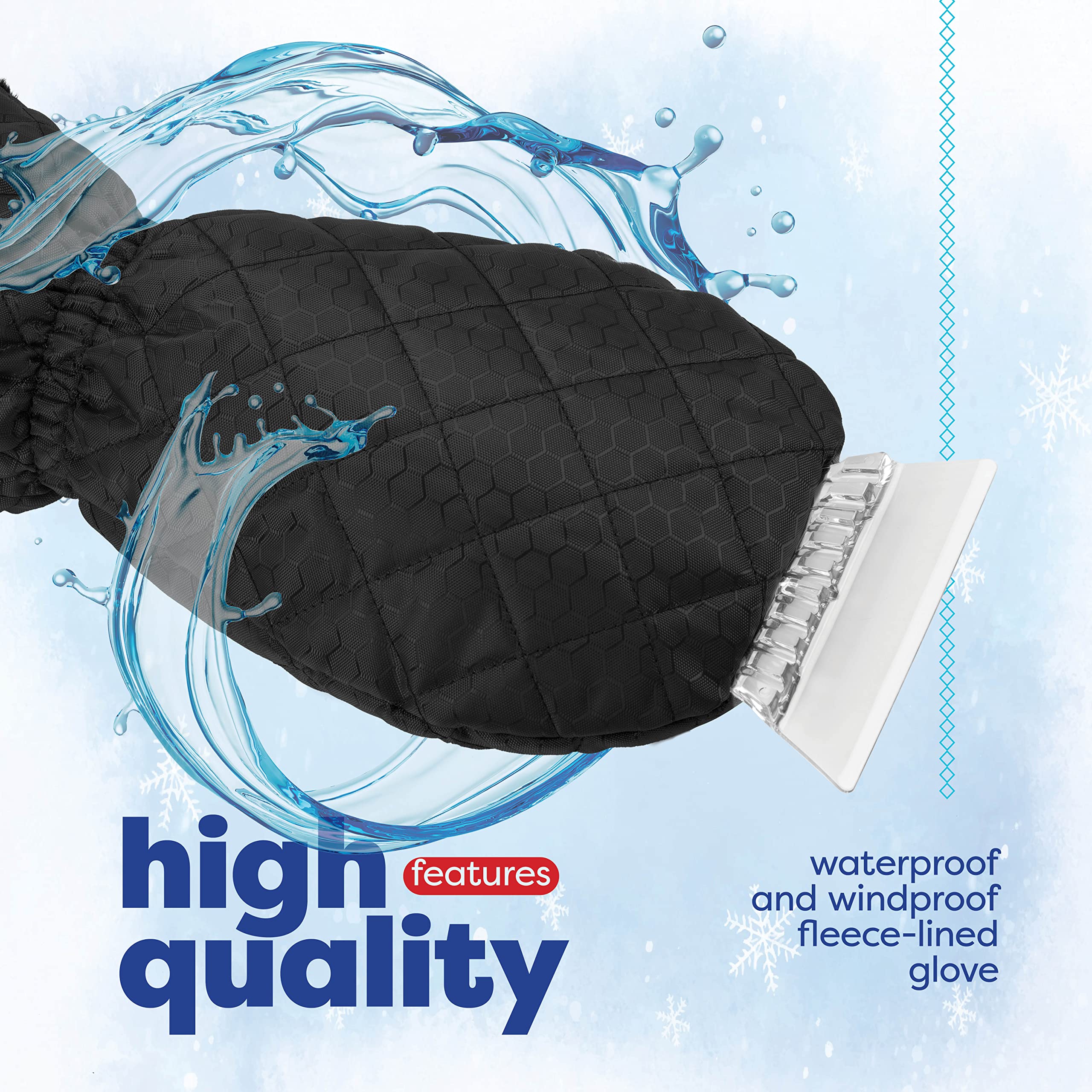 SCRUBIT Ice Scraper with Glove - Waterproof & Windproof Car Snow Scraper - Black Fleece Mitt for Quick Snow Removal