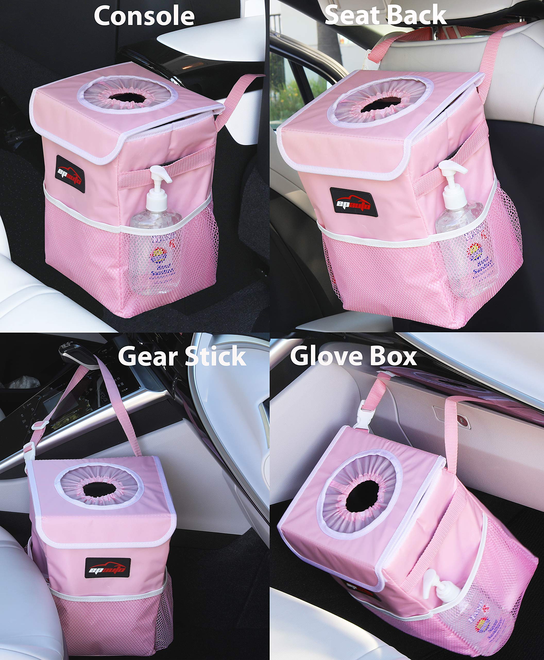 EPAuto Waterproof Car Trash Can with Lid, Storage Pockets, Pink, Model AO-002-3, Durable Polyester