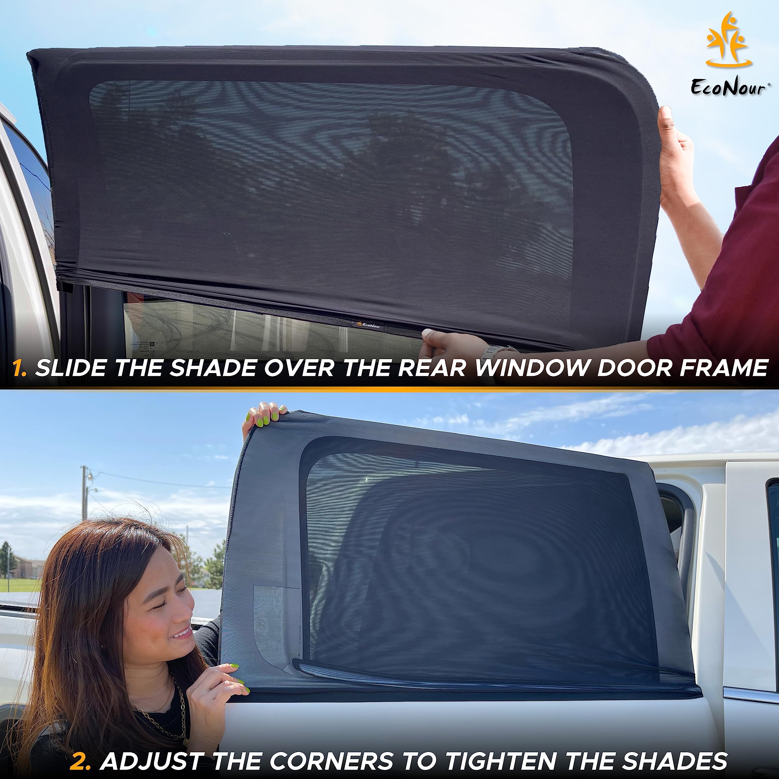EcoNour Car Side Window Sun Shade - Stretchable Nylon Screens, XL 42"x24", Black, Pack of 2 for SUVs, Trucks & Minivans