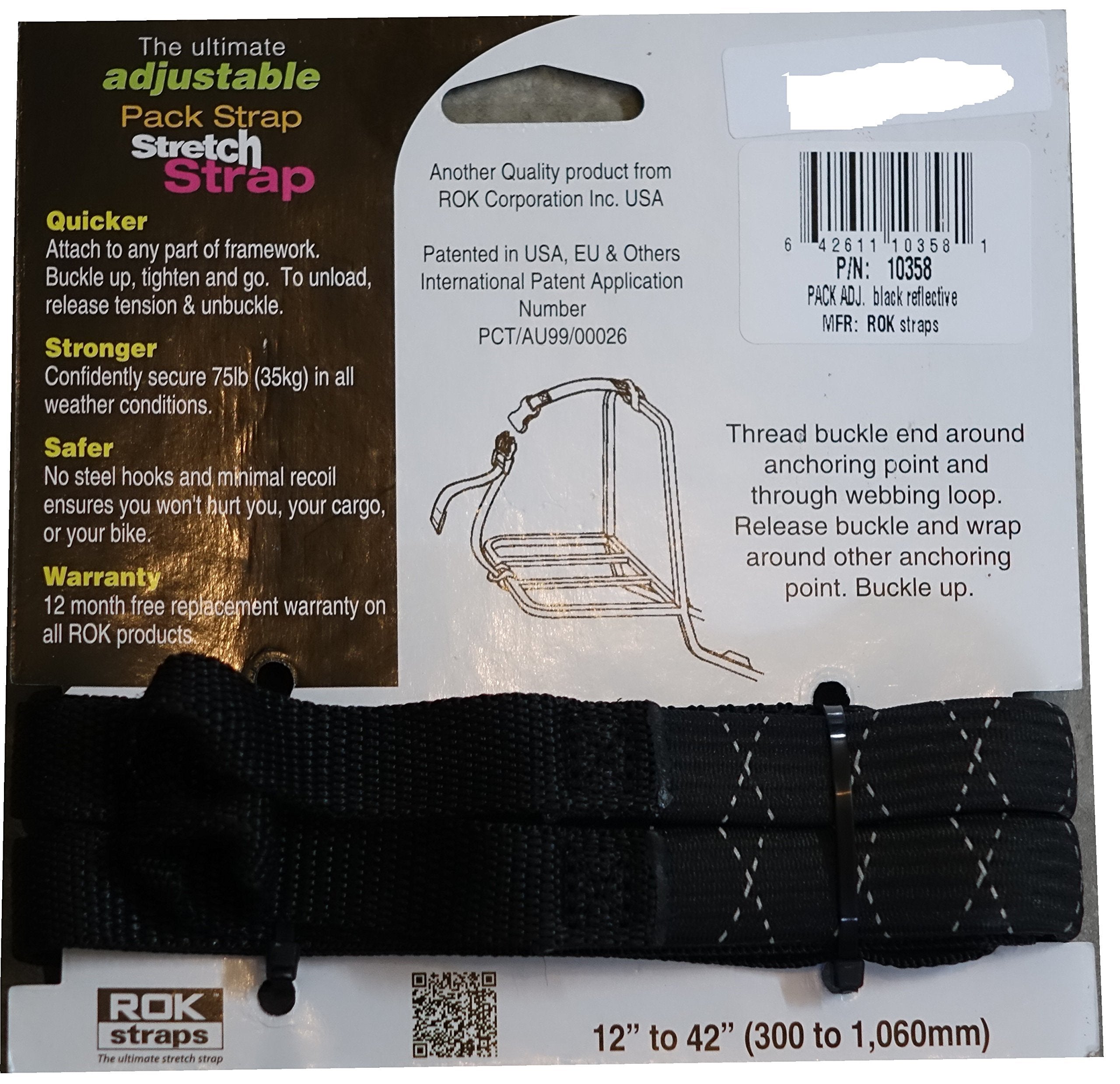 ROK Straps Adjustable Stretch Strap, 12" - 42", Black/Reflective, Model ROK-10358, Metal Material
