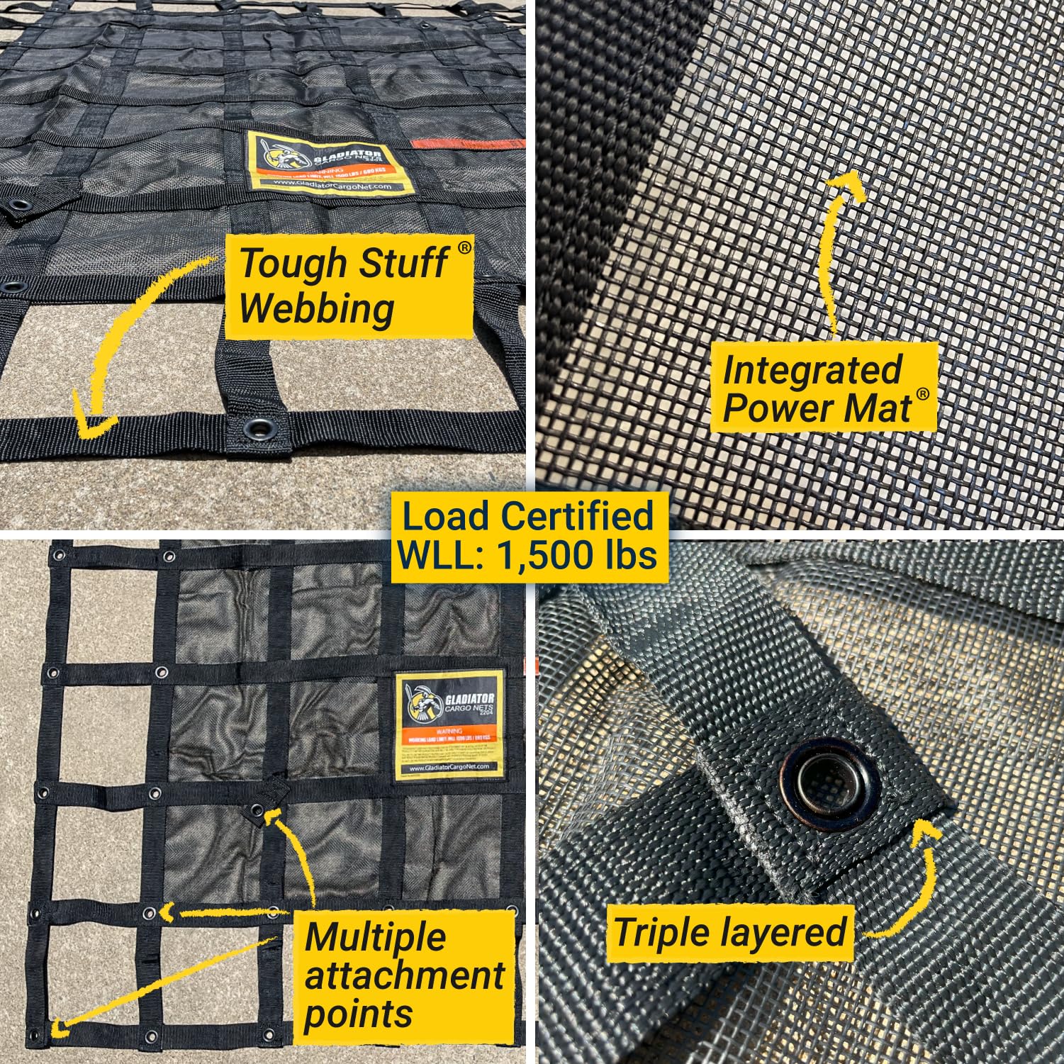 Gladiator Cargo Nets- Heavy Duty Cargo Net -Truck Accesories-Truck Organizer -Bed Cover-Interior- Roof Rack-Trunk Organizer-Cargo Net Offroad-Suv -Rubicon -Camping-(Wll)1,500 Lbs (Grn-100) 4.8' X 5.3'
