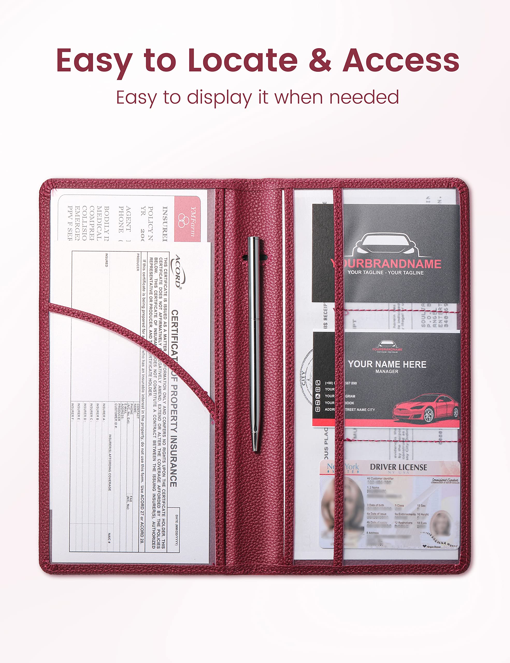 Yarnic PU Leather Car Registration & Insurance Holder - Wine Red, Magnetic Closure, Vehicle Organizer for Men & Women