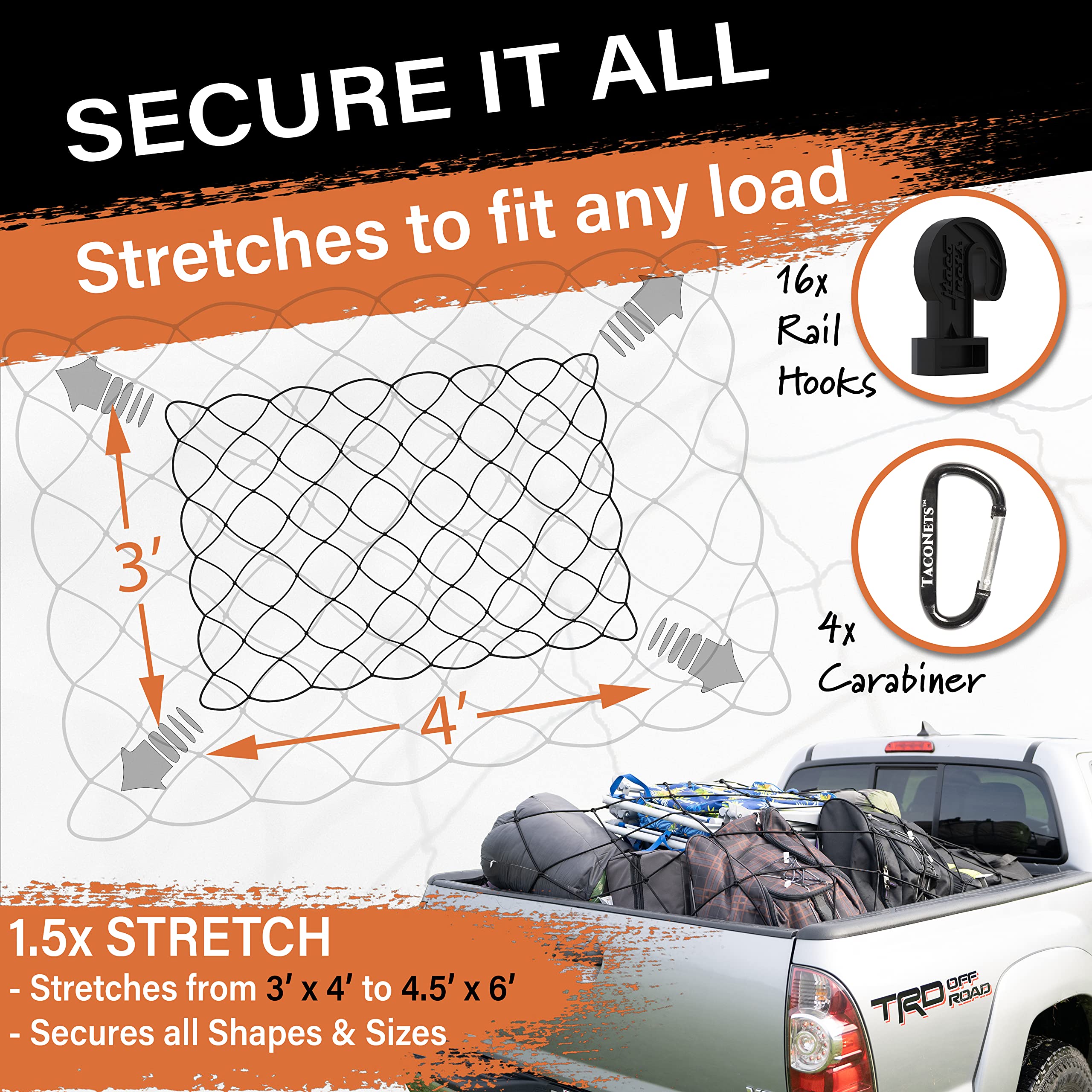 TacoNets Toyota Tacoma Short Bed Cargo Net - Patent Pending Design - Fits 2005-2024 - Heavy Duty 8mm Premium Bungee 3'x4' Cargo
