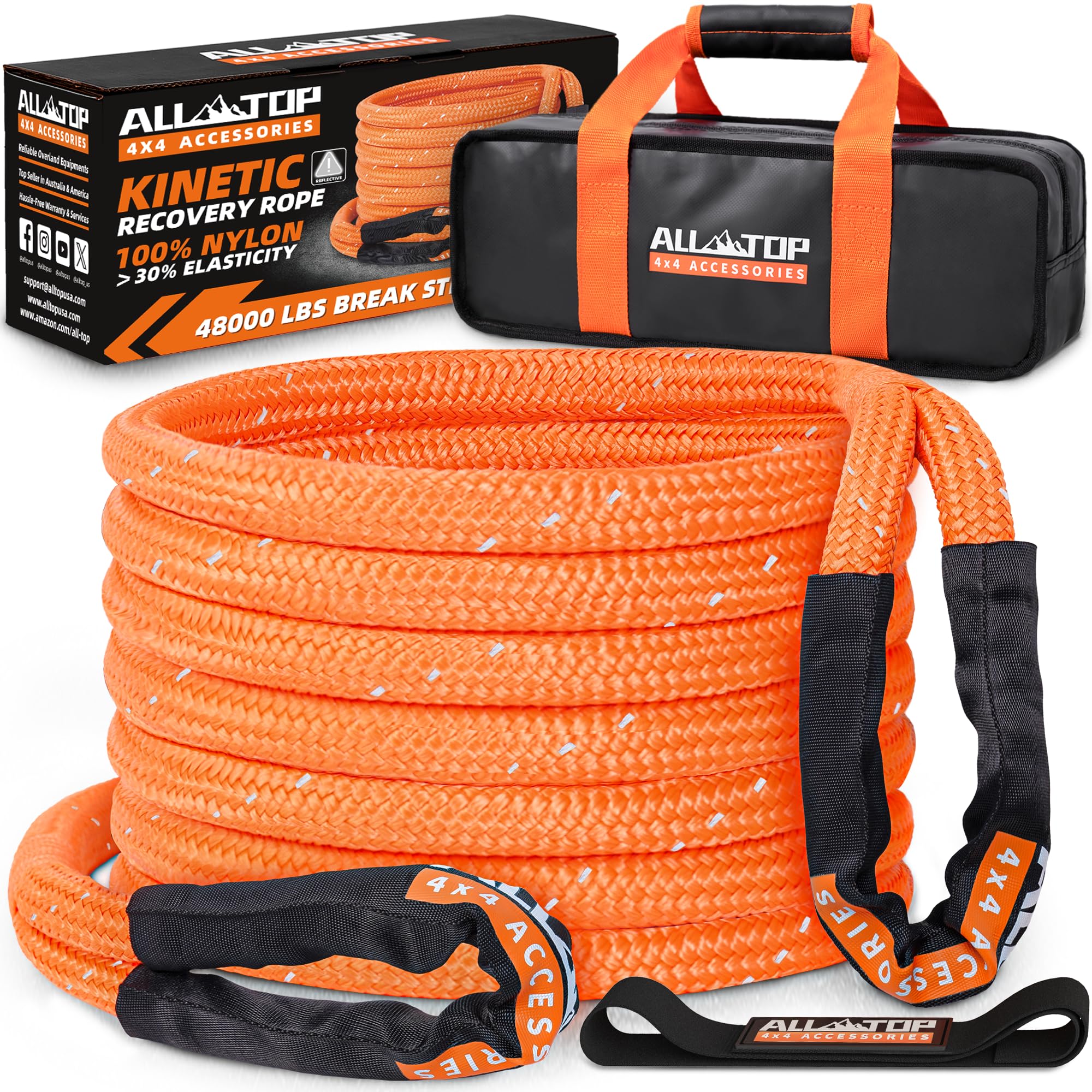 All-Top Kinetic Recovery Rope (Reflective) 48000Lbs, 1In X 30Ft, Heavy Duty 30+% Elasticity, 16000Lbs Work Load Limit For 4X4 Of