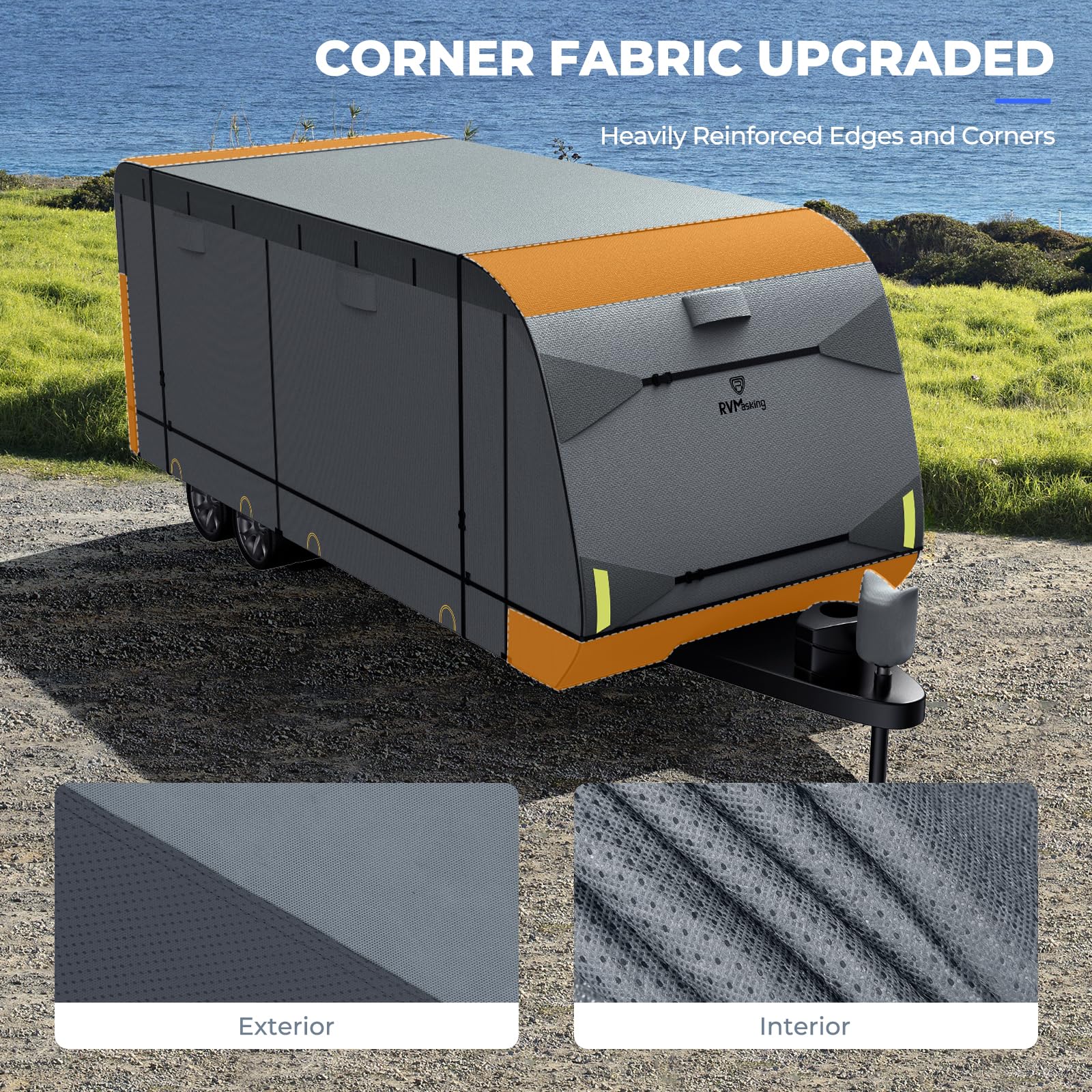 RVMasking RV Cover 15-18ft, 7 Layers Waterproof Windproof, Durable Nonwoven Fabric, Medium Gray, Includes Tire & Tongue Jack Covers