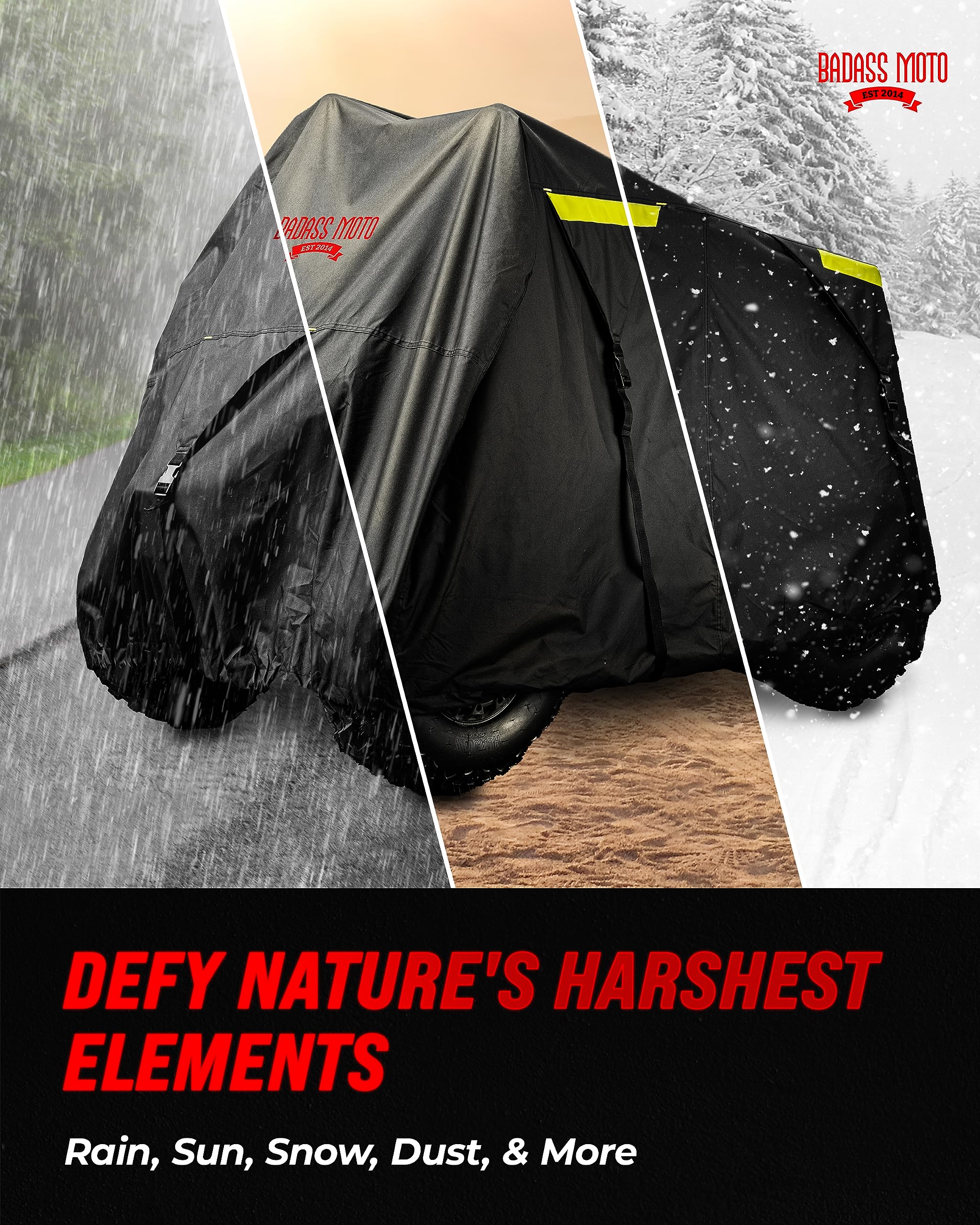 Badass Moto Heavy Duty Triple Waterproof 4 Wheeler Cover - Rip Resistant Night Reflective Quad Four Wheeler ATV Cover with Advan