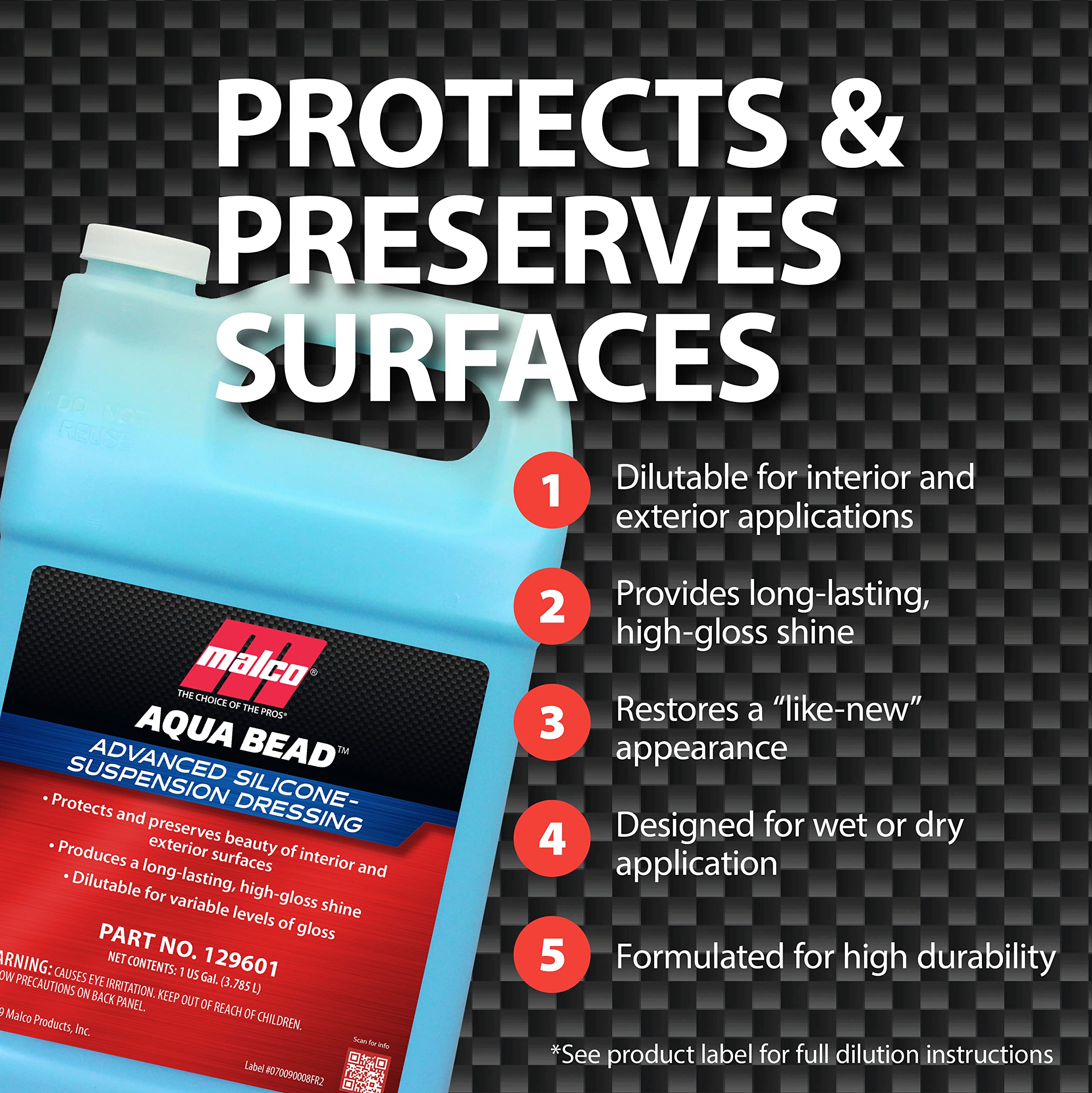 Malco Aqua Bead Dressing - Non-Greasy Tire & Trim Shine - 1 Gallon, Dilutable Formula for Variable Gloss
