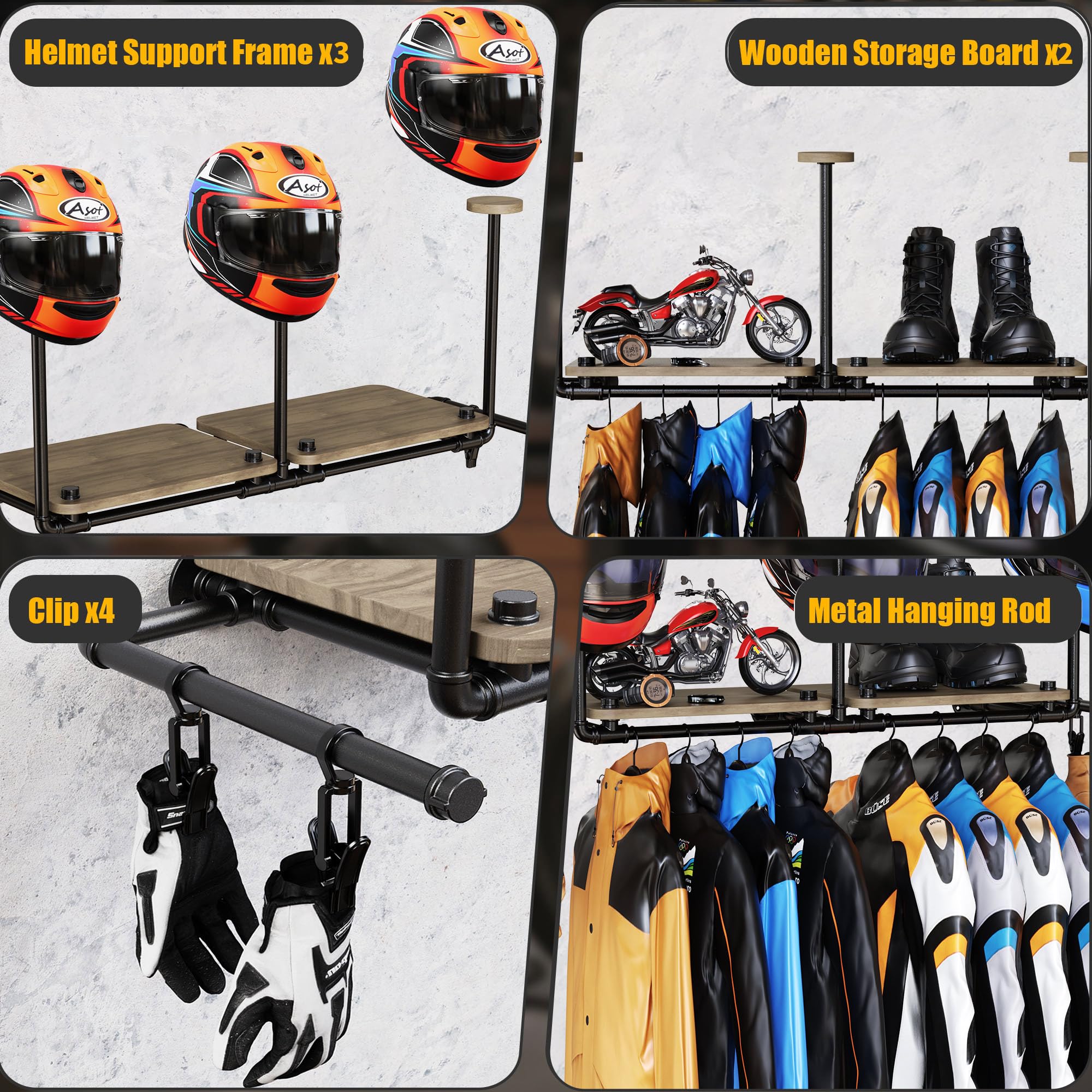 ATSKIM Double Motorcycle Helmet Holder Wall Mount, Metal Display Rack for 3 Helmets, Includes 4 Hooks, Model AT-1002