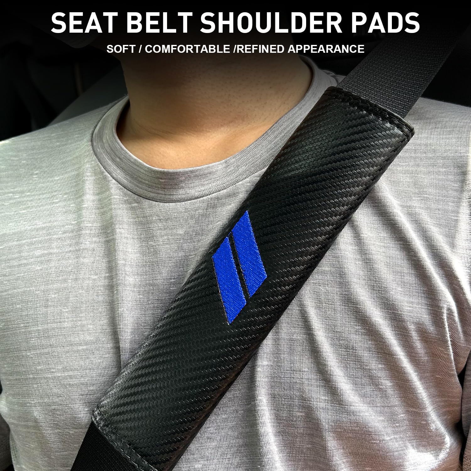 REMOCH Seat Belt Covers for Dodge Charger & Durango - Leather Pads, Blue Stitches, Style 1 (2 Pcs)