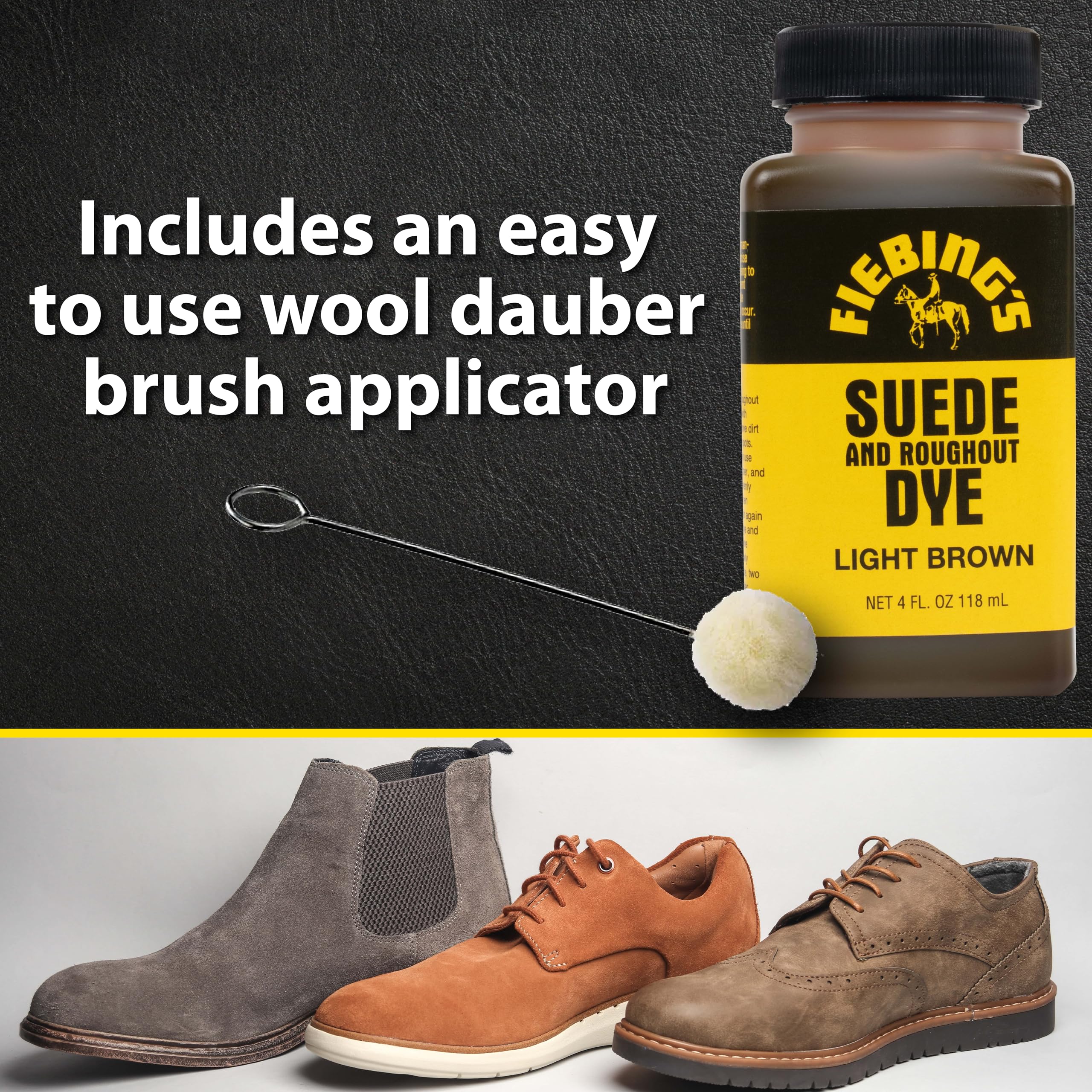 Fiebing's Suede Dye - Light Brown, 4 oz - Recolor & Restore Leather Shoes, Furniture - Includes Wool Dauber for Easy Application