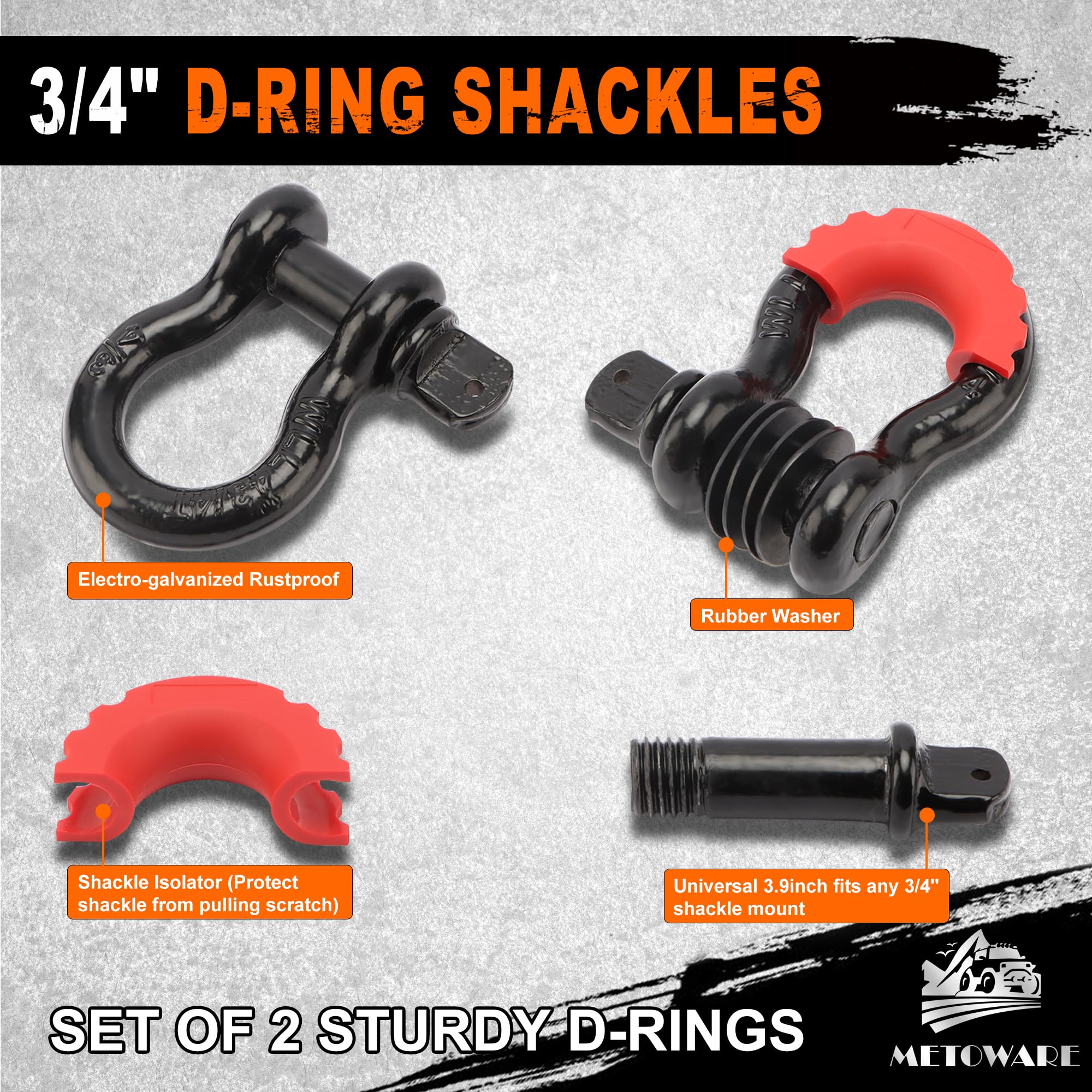METOWARE Heavy Duty Tow Strap Recovery Kit - 3"x20ft, 35,000lbs, Polyester, 2 D Ring Shackles, Orange, Model 40928