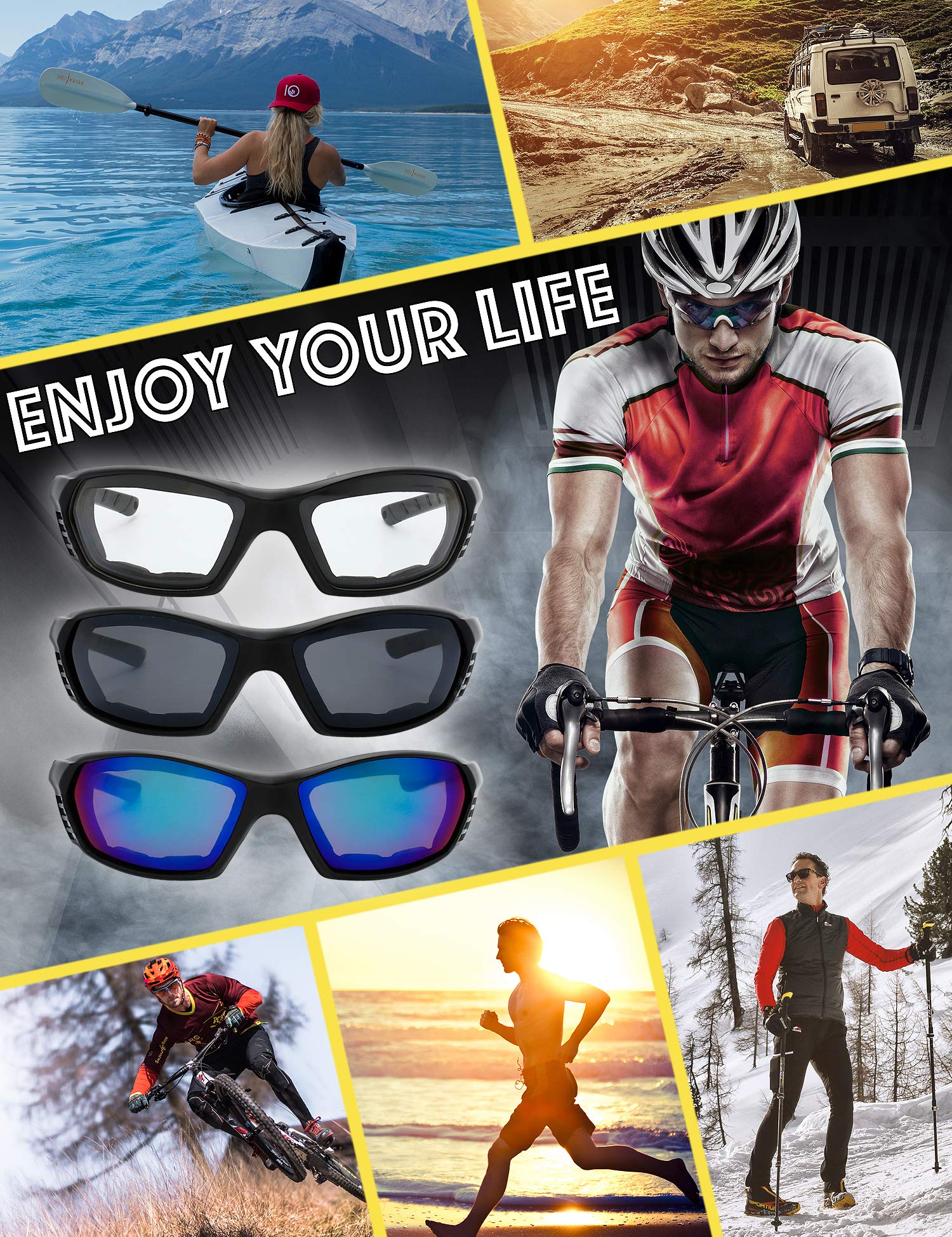 The Fresh Motorcycle Riding Glasses Padded Frame Lens Block 100% Uvb For Outdoor Activity Sport (25M-Matte Black, Clear, Grey, & Green Mirror)
