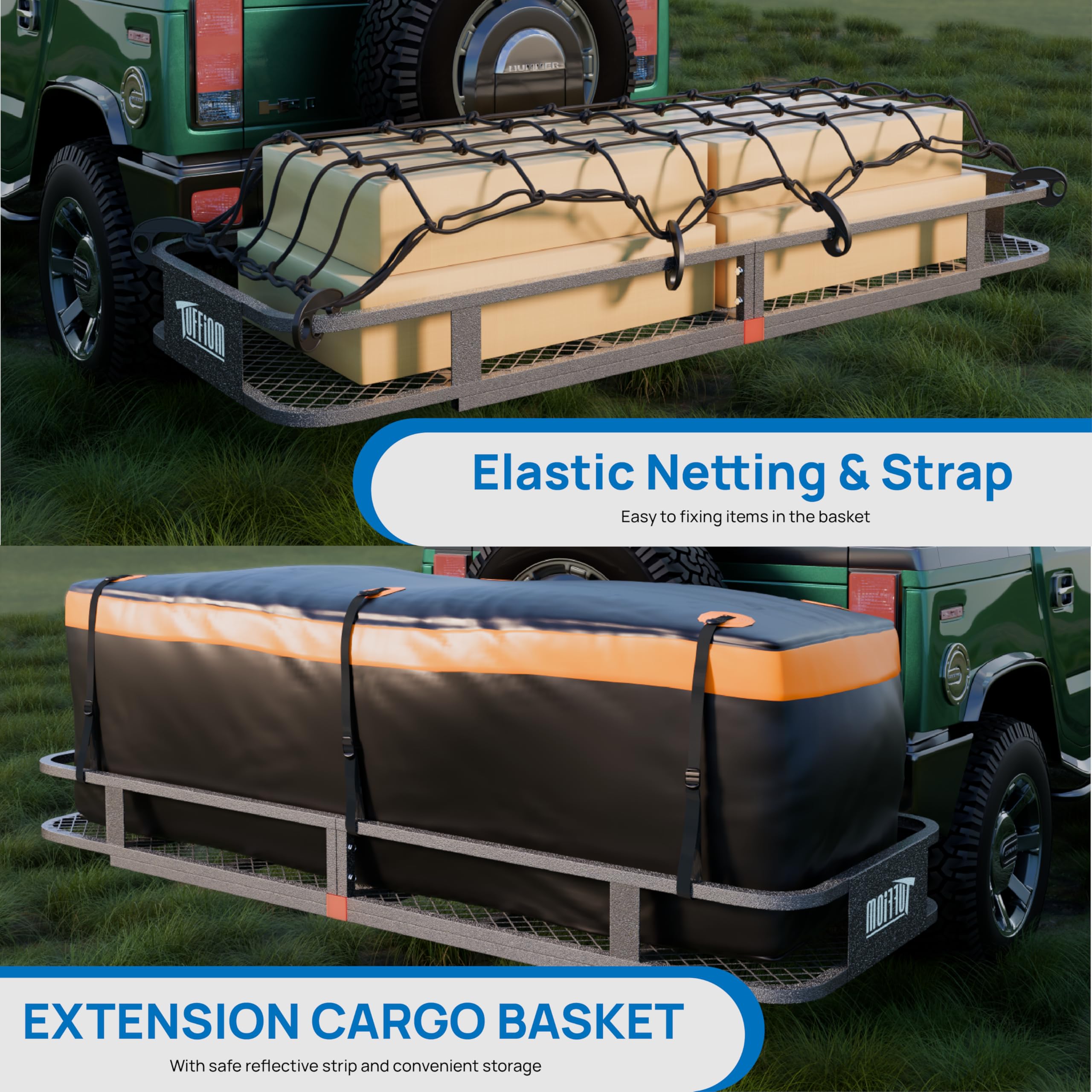 TUFFIOM Folding Hitch Mount Cargo Carrier - 500lbs Steel Luggage Rack, 60"x20"x6", Dark Grey, with Net, Waterproof Bag & Straps