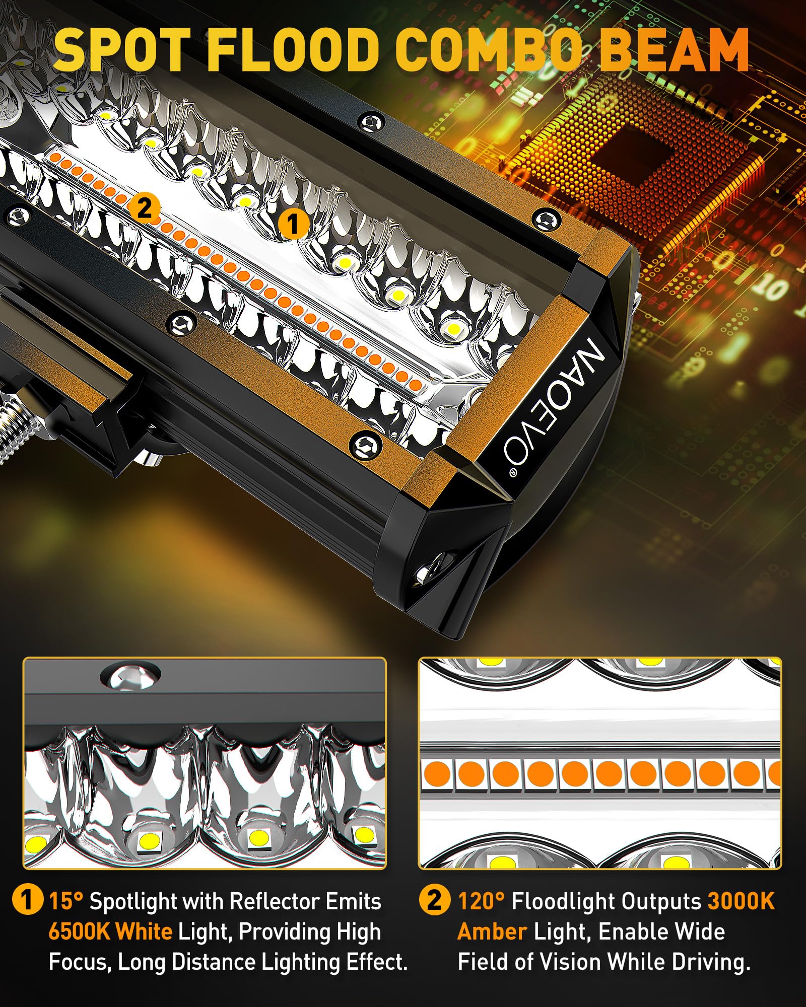 NAOEVO 12 Inch LED Light Bar, 300W 30000LM Waterproof Offroad Lights, White/Amber 3 Modes for Truck, Boat, UTV, ATV