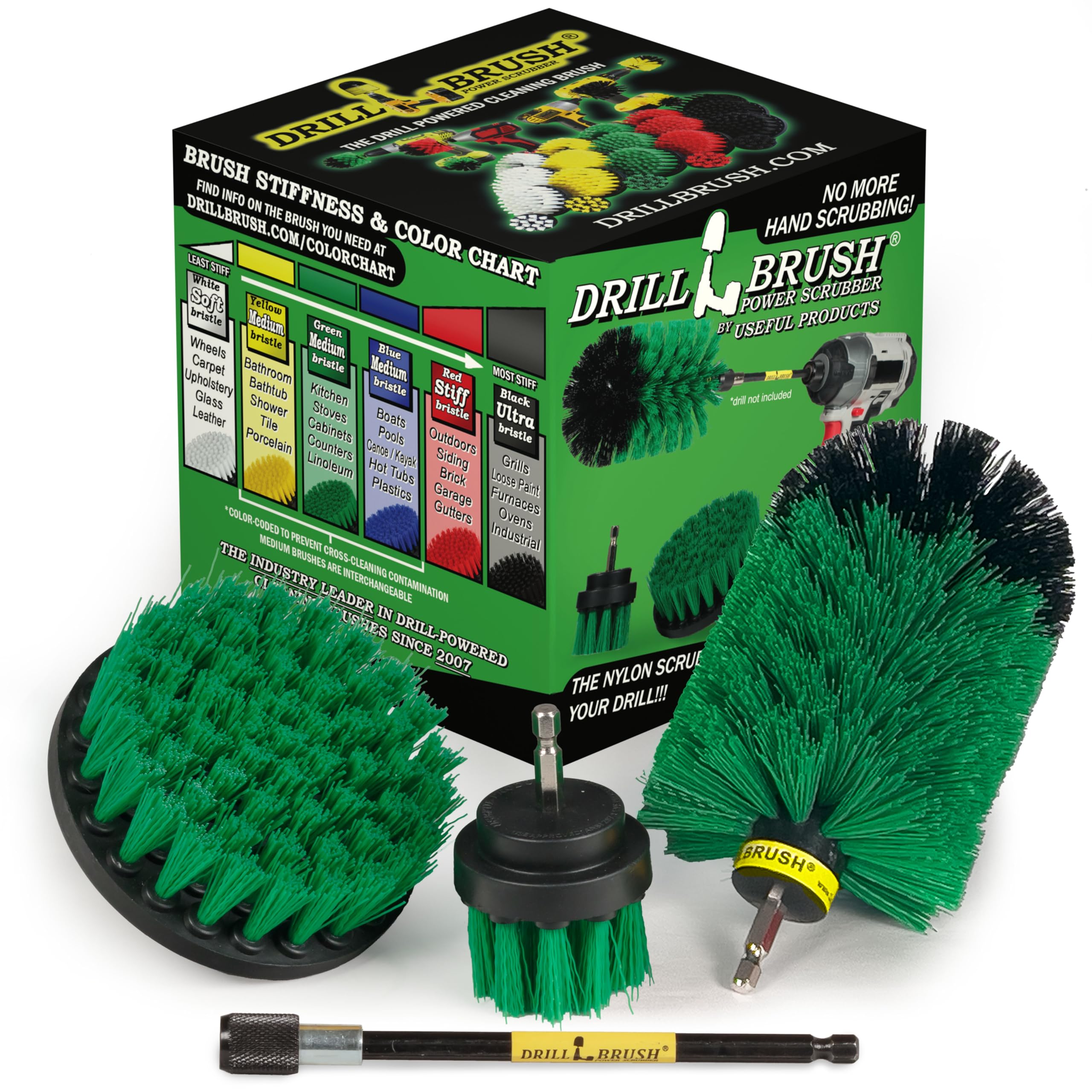 Drill Brush Power Scrubber By Useful Products - Drillbrush Green Kitchen Drill Brushes With Long Reach Extender - Drill Brush Ex