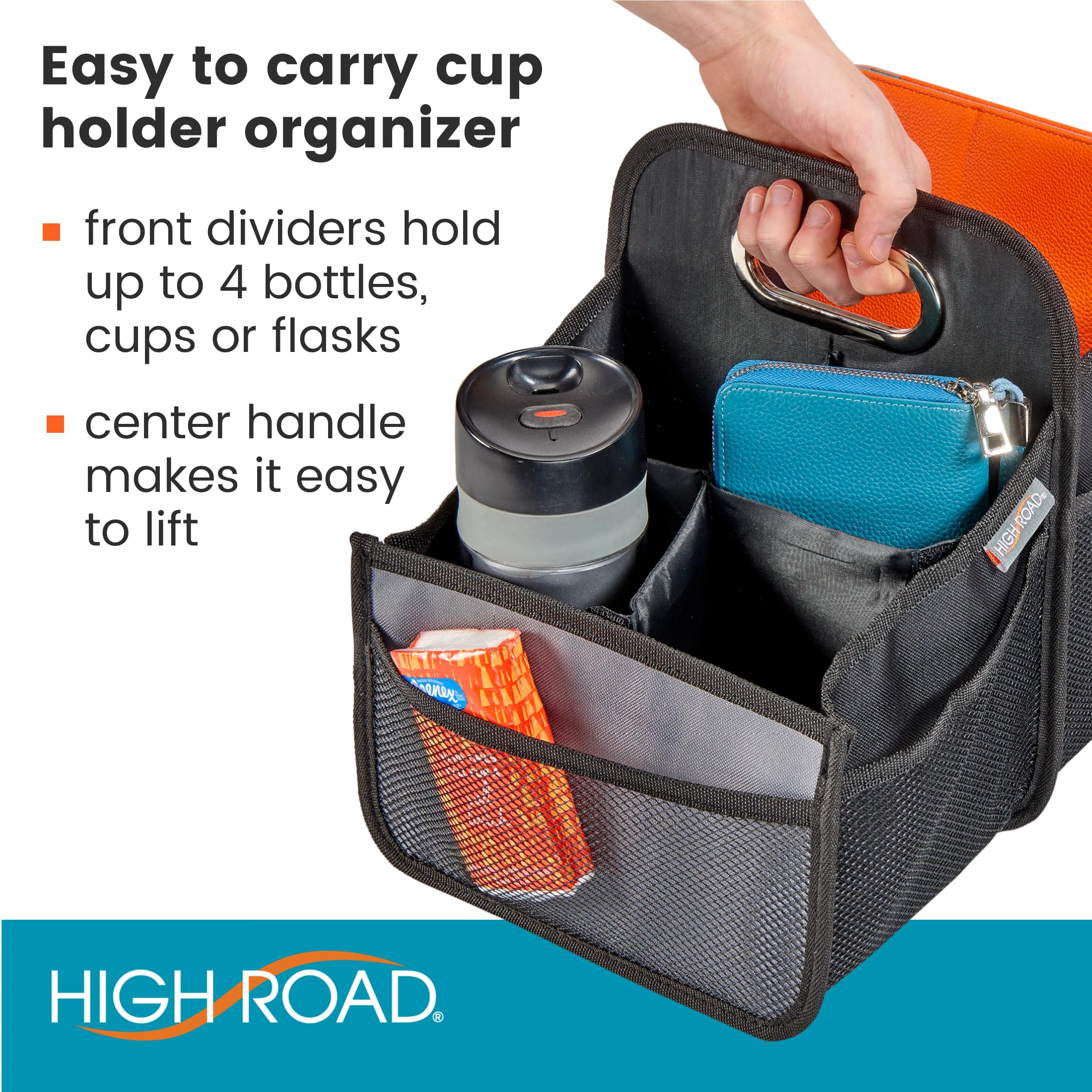 High Road Car Caddy - Portable Front/Back Seat Organizer with Cup Holders, Black, 600D Oxford Polyester, Model 8542112900